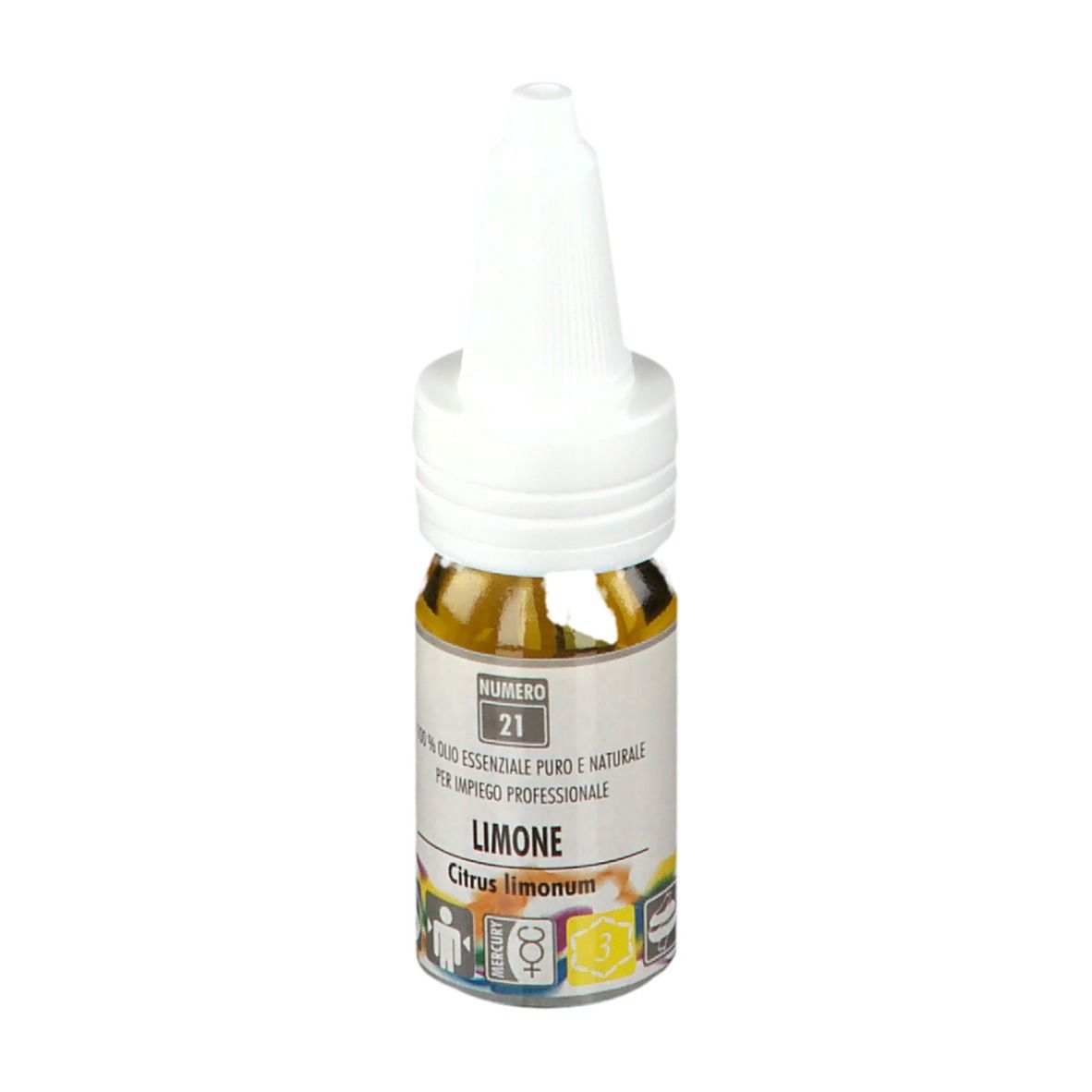 Piccolo flacone di olio giallo con tappo bianco. Scritta: Numero 21, Limone, Citrus limonum.