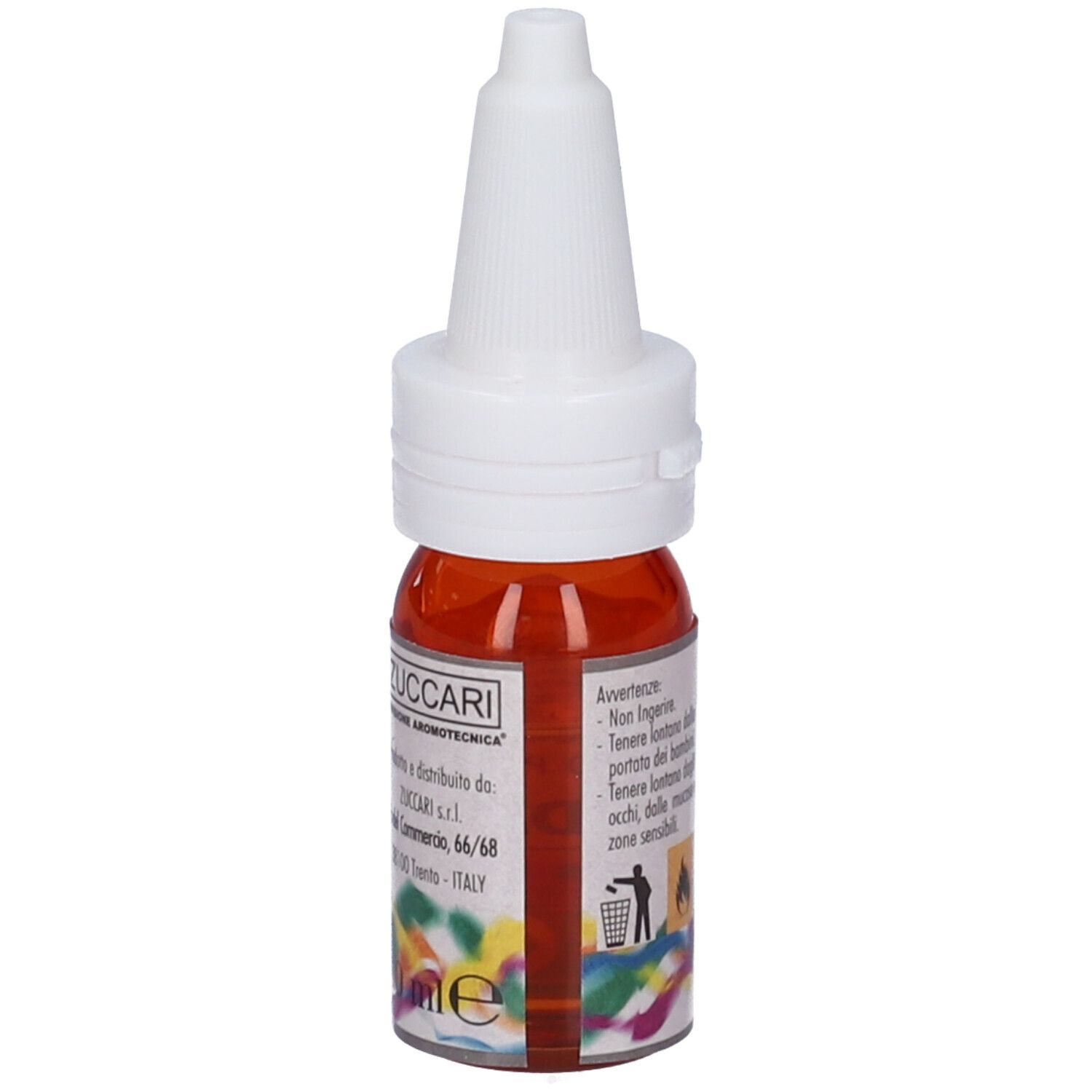 Flacone di vetro marrone con tappo bianco. Etichetta con testo: Zuccari, Mandarino, Citrus nobilis. Per uso professionale.