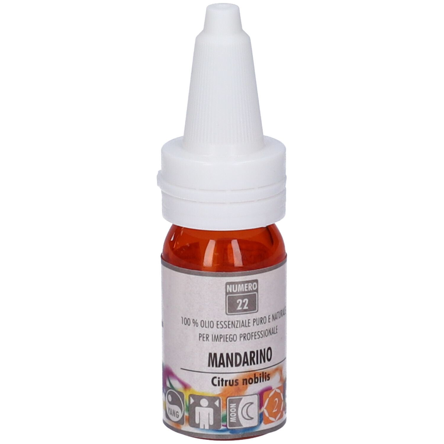 Flacone di vetro marrone con tappo bianco. Etichetta con testo: Numero 22, Mandarino, Citrus nobilis. Per uso professionale.