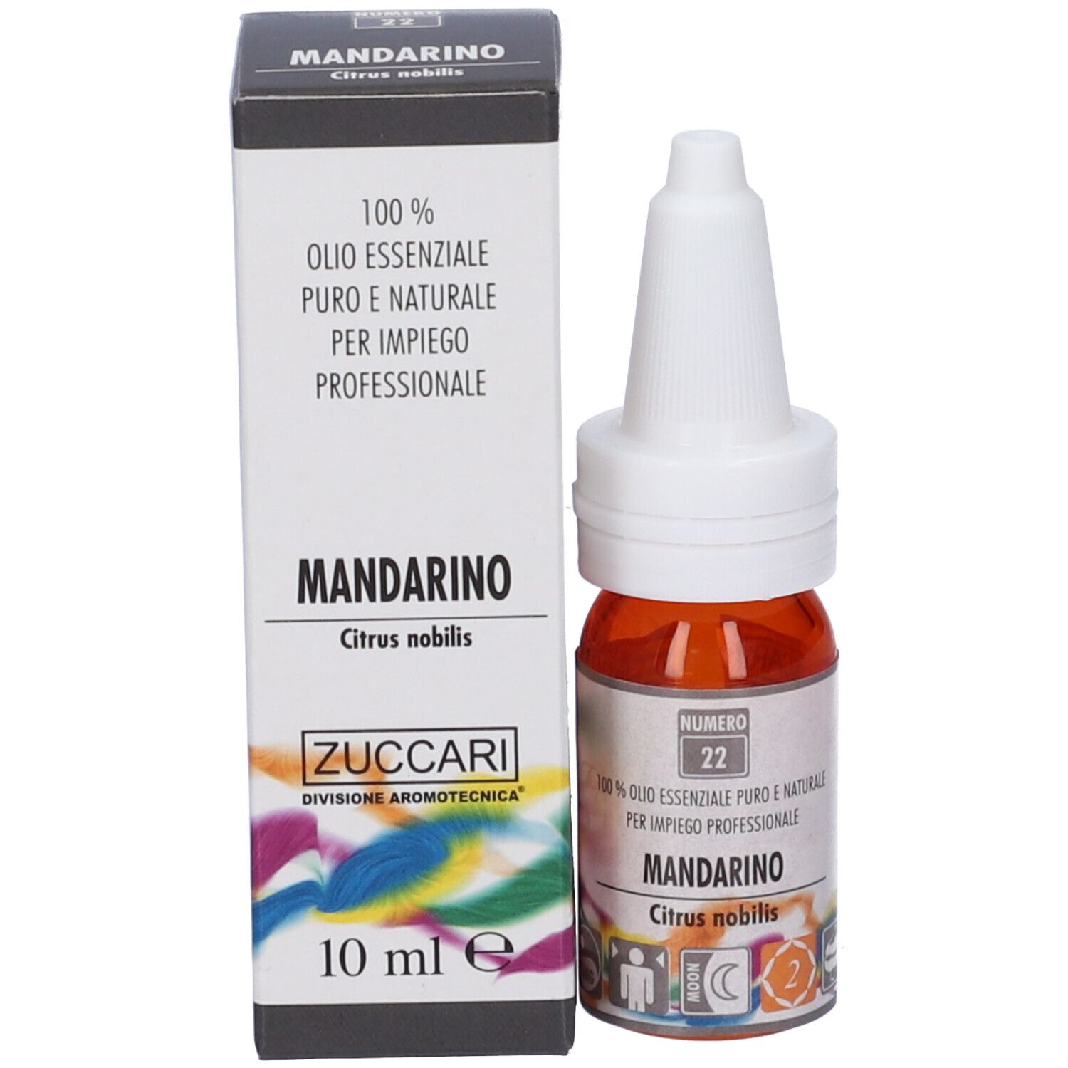 Flacone di vetro marrone con tappo bianco e scatola. Scatola con testo: Zuccari, Mandarino, Citrus nobilis. 10 ml.