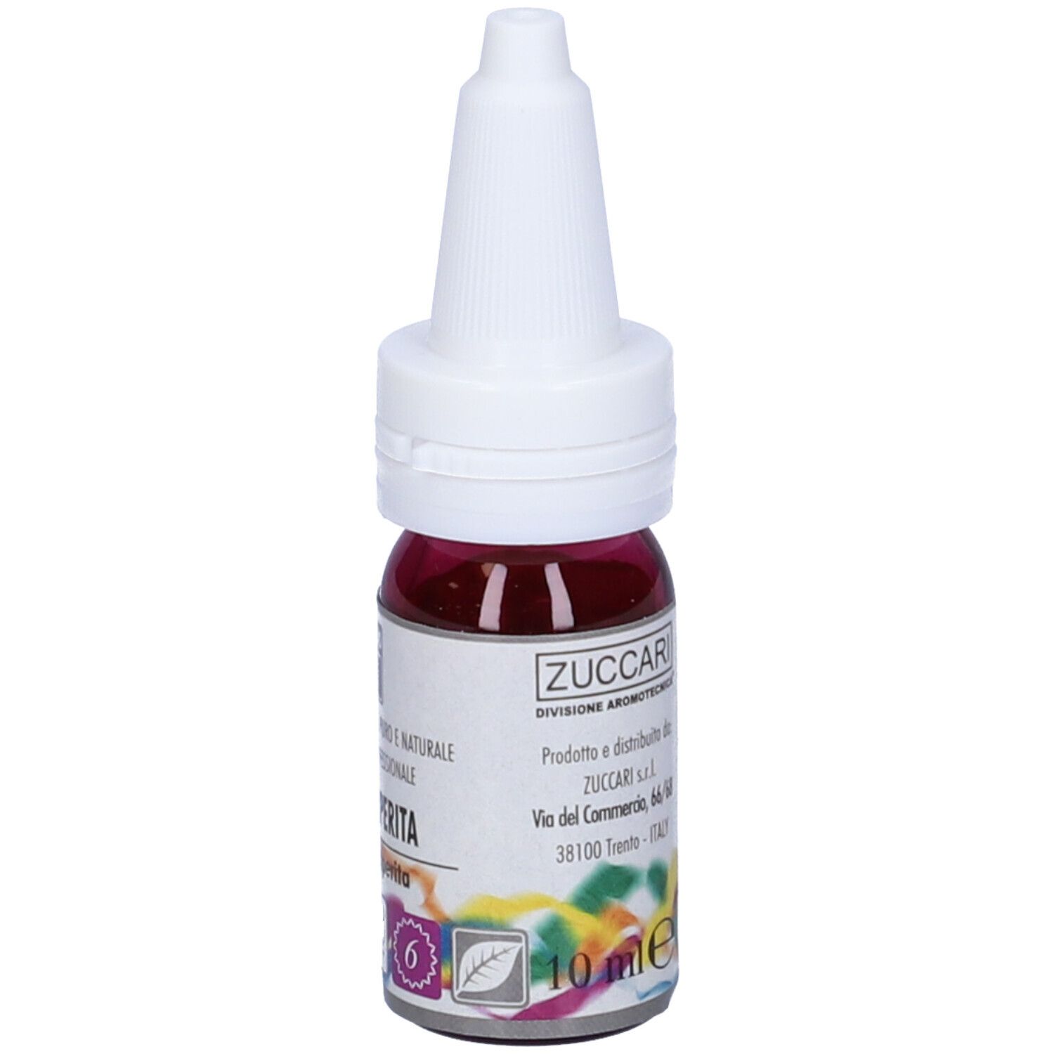 Zuccari Olio Essenziale Menta Piperita. Flacone con contagocce. Scritta: Menta Piperita, 10 ml, marchi.