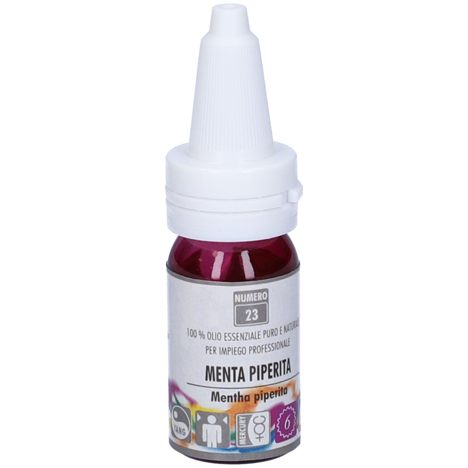 Zuccari Olio Essenziale Menta Piperita. Flacone con contagocce. Scritta: Menta Piperita, Numero 23.