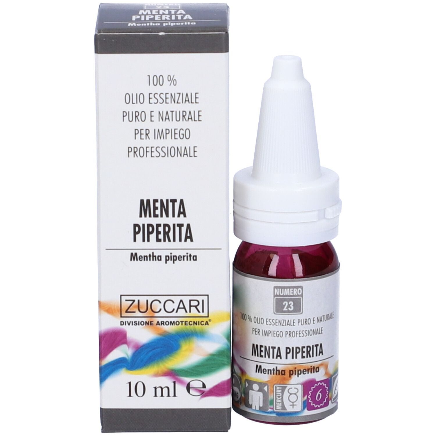 Zuccari Olio Essenziale Menta Piperita. Flacone e confezione. Scritta: Menta Piperita, 10 ml.