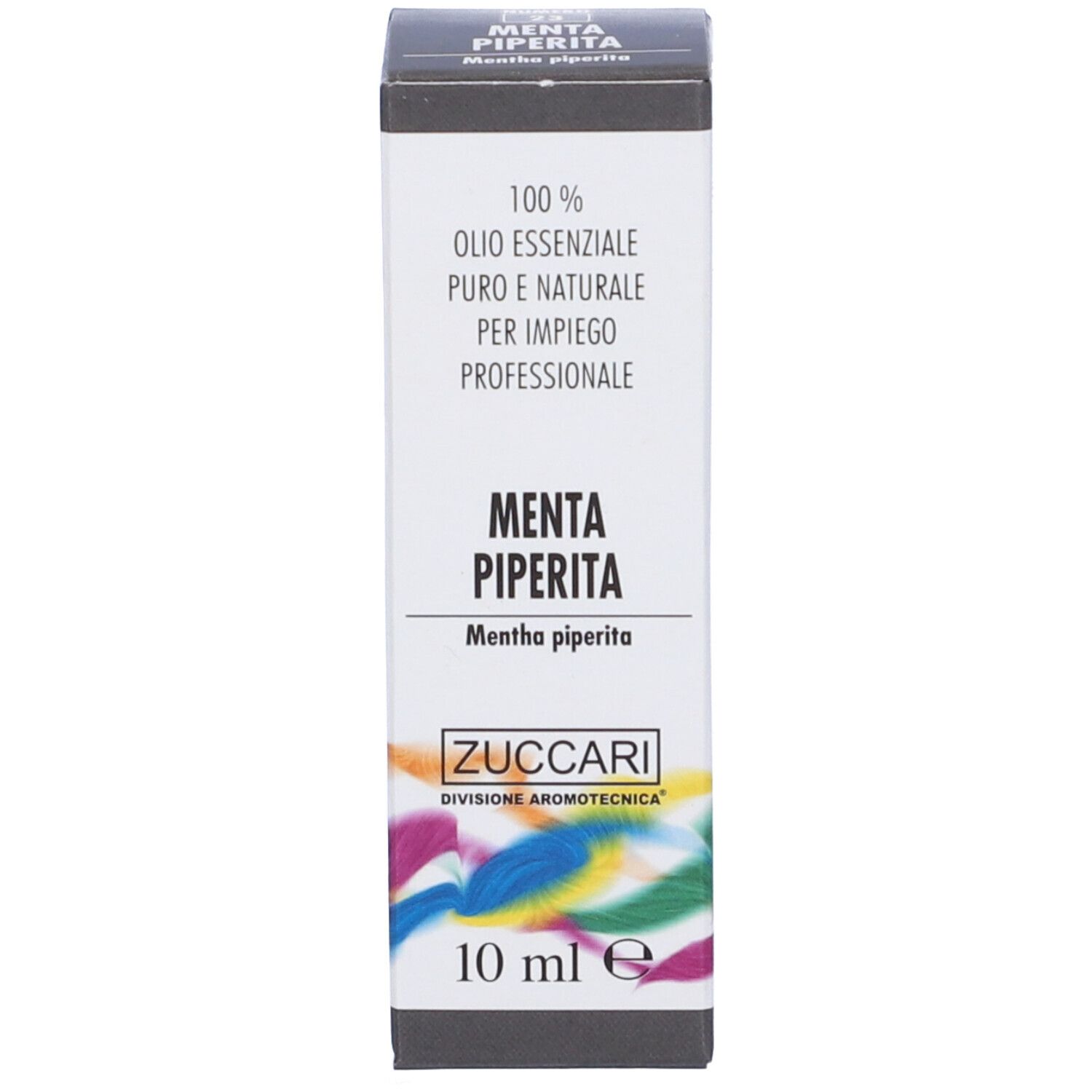 Zuccari Olio Essenziale Menta Piperita. Confezione. Scritta: Menta Piperita, 10 ml.