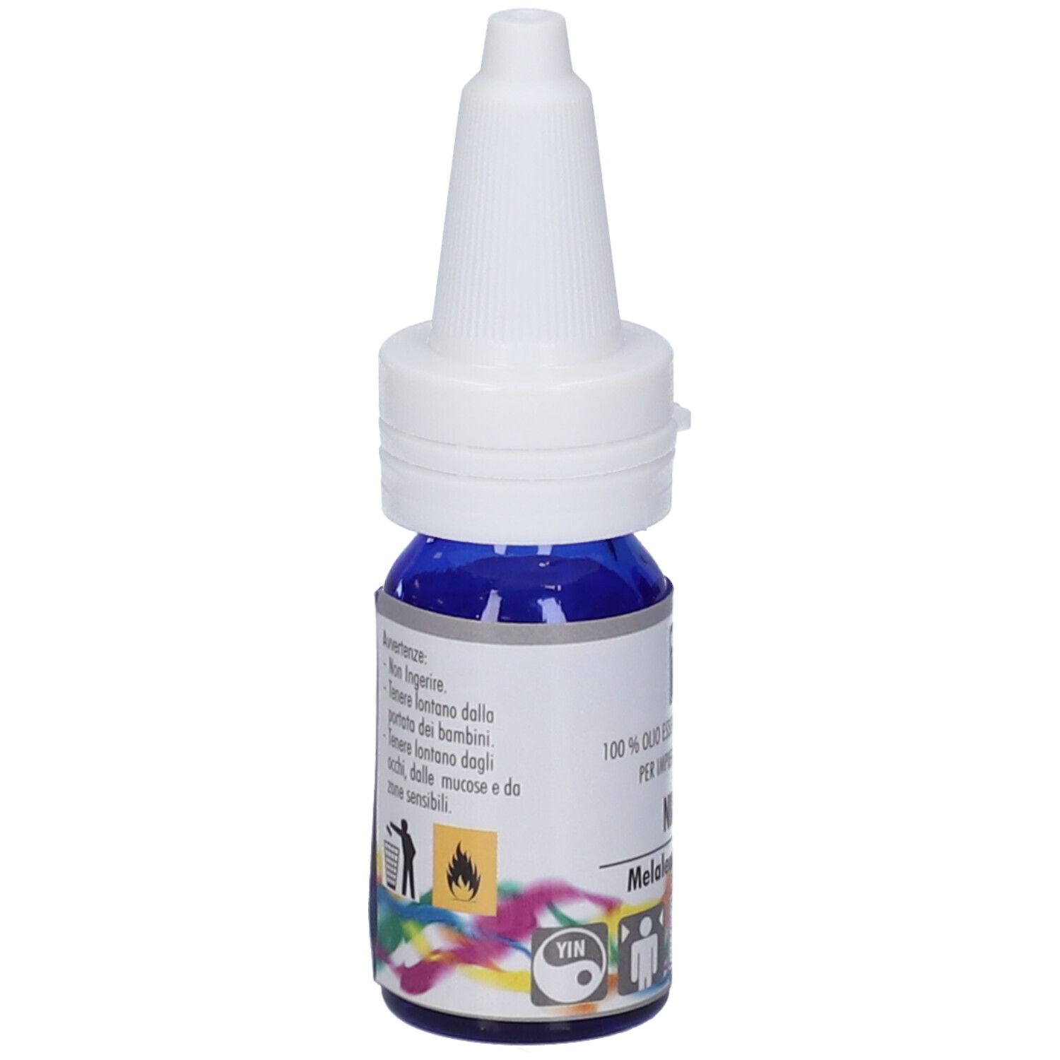 Flacone di vetro blu con tappo bianco. Etichetta con avvertenze e pittogrammi.