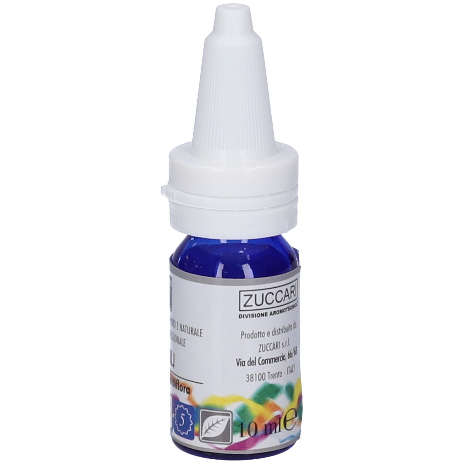 Flacone di vetro blu con tappo bianco. Scritta: ZUCCARI, 10 ml. Etichetta con informazioni.