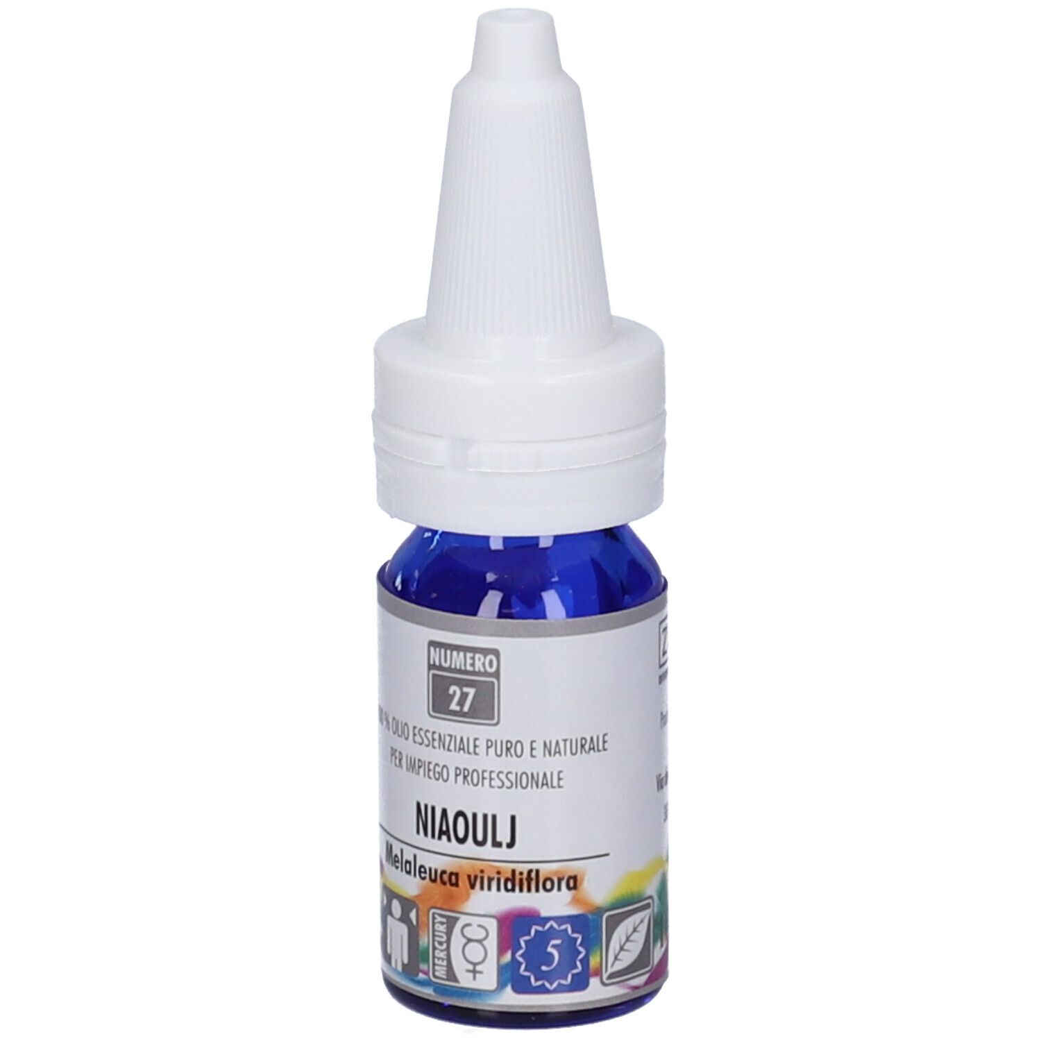 Flacone di vetro blu con tappo bianco. Scritta: N°27, NIAOULJ, Melaleuca viridiflora. Etichetta.