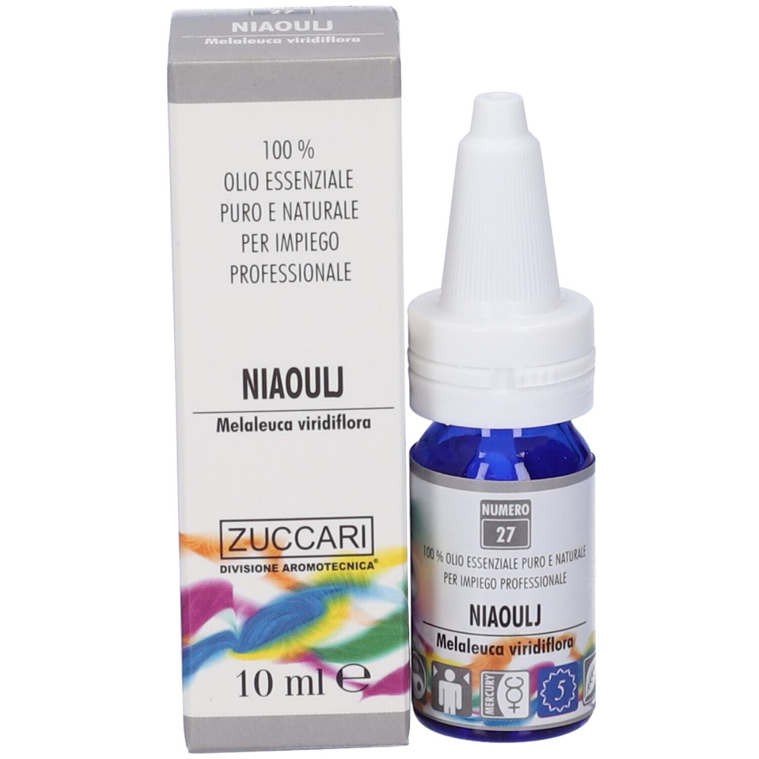 Flacone blu e scatola. Scritta: ZUCCARI, N°27, NIAOULJ, Melaleuca viridiflora, 10 ml. Etichetta.