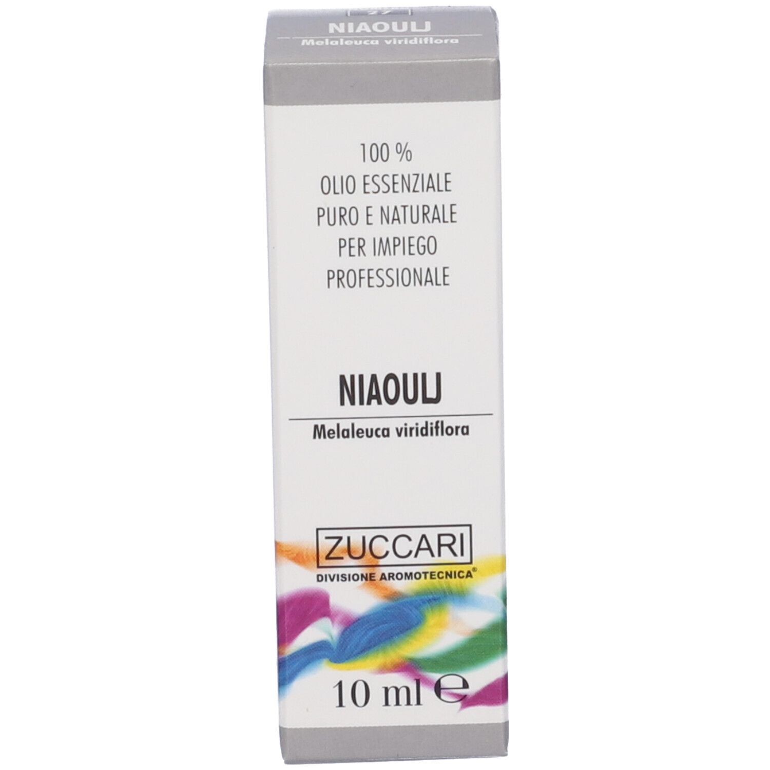 Scatola. Scritta: N°27, NIAOULJ, Melaleuca viridiflora, ZUCCARI, 10 ml. Informazioni.