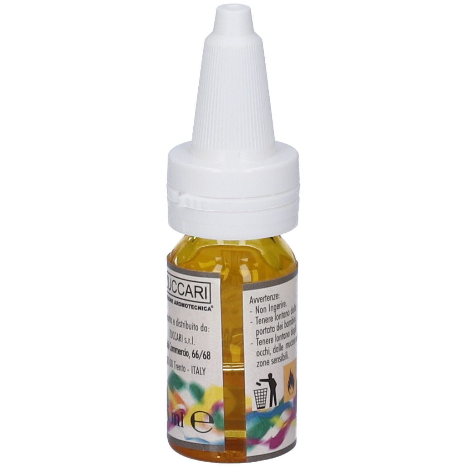Flacone con liquido giallo e tappo bianco. Scritta: Zuccari, Origano, avvertenze.