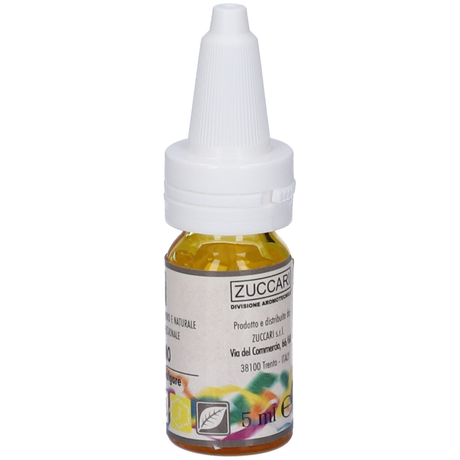 Flacone con liquido giallo e tappo bianco. Scritta: Zuccari, Origano, 5 ml.