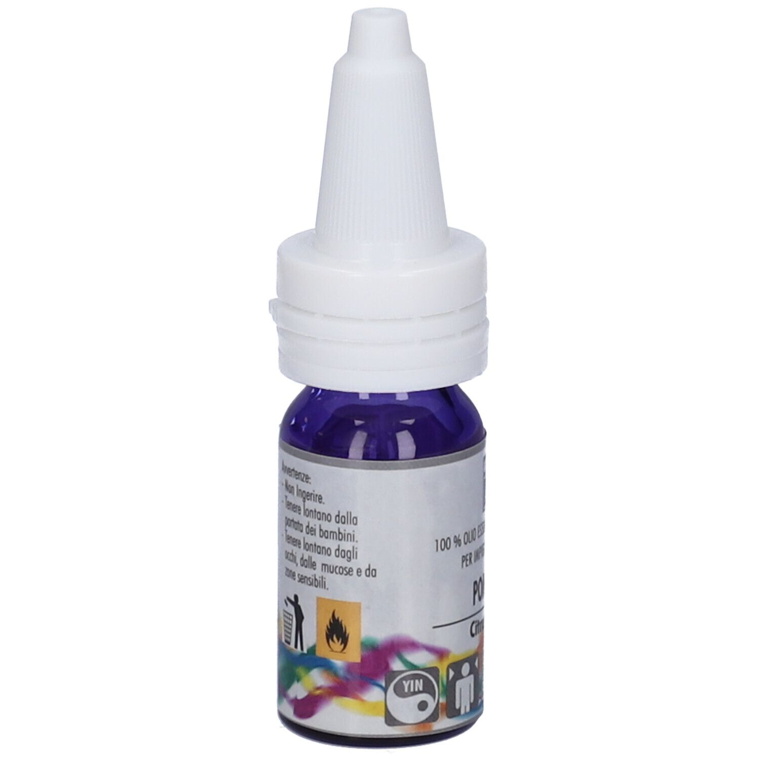 Flacone con tappo bianco e liquido viola. Scritta: Pompelmo, Citrus maxima. Avvertenze.