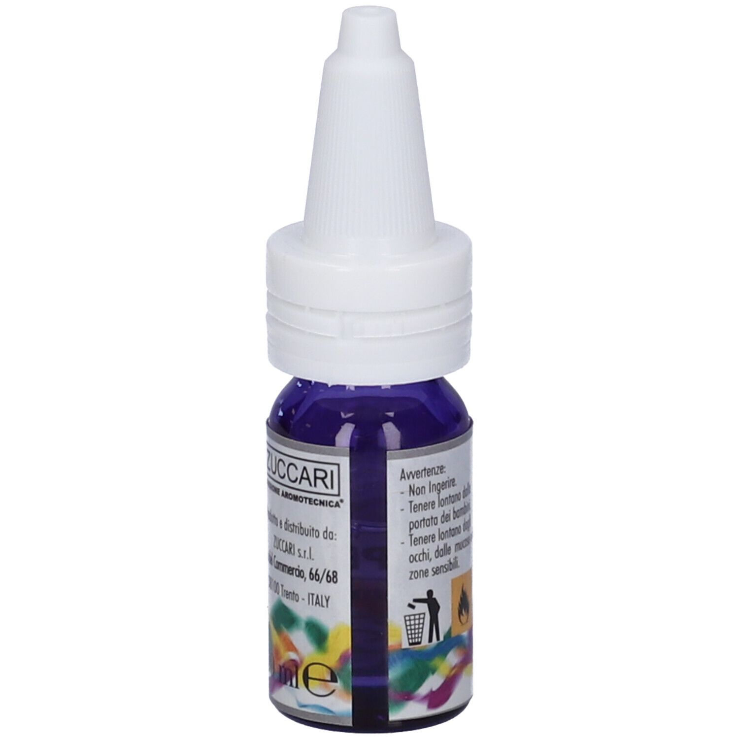 Flacone con tappo bianco e liquido viola. Scritta: Zuccari. Avvertenze.