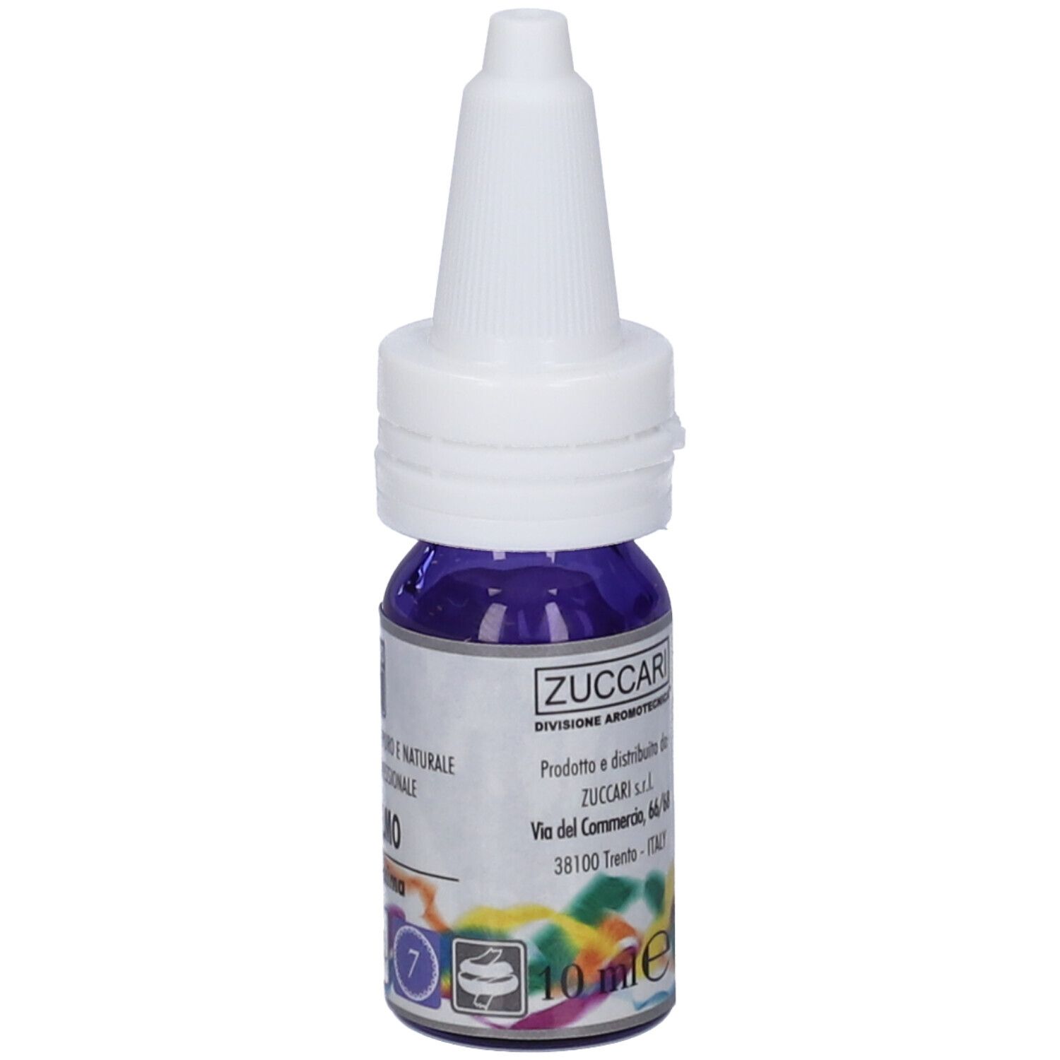 Flacone con tappo bianco e liquido viola. Scritta: Zuccari. 10 ml.