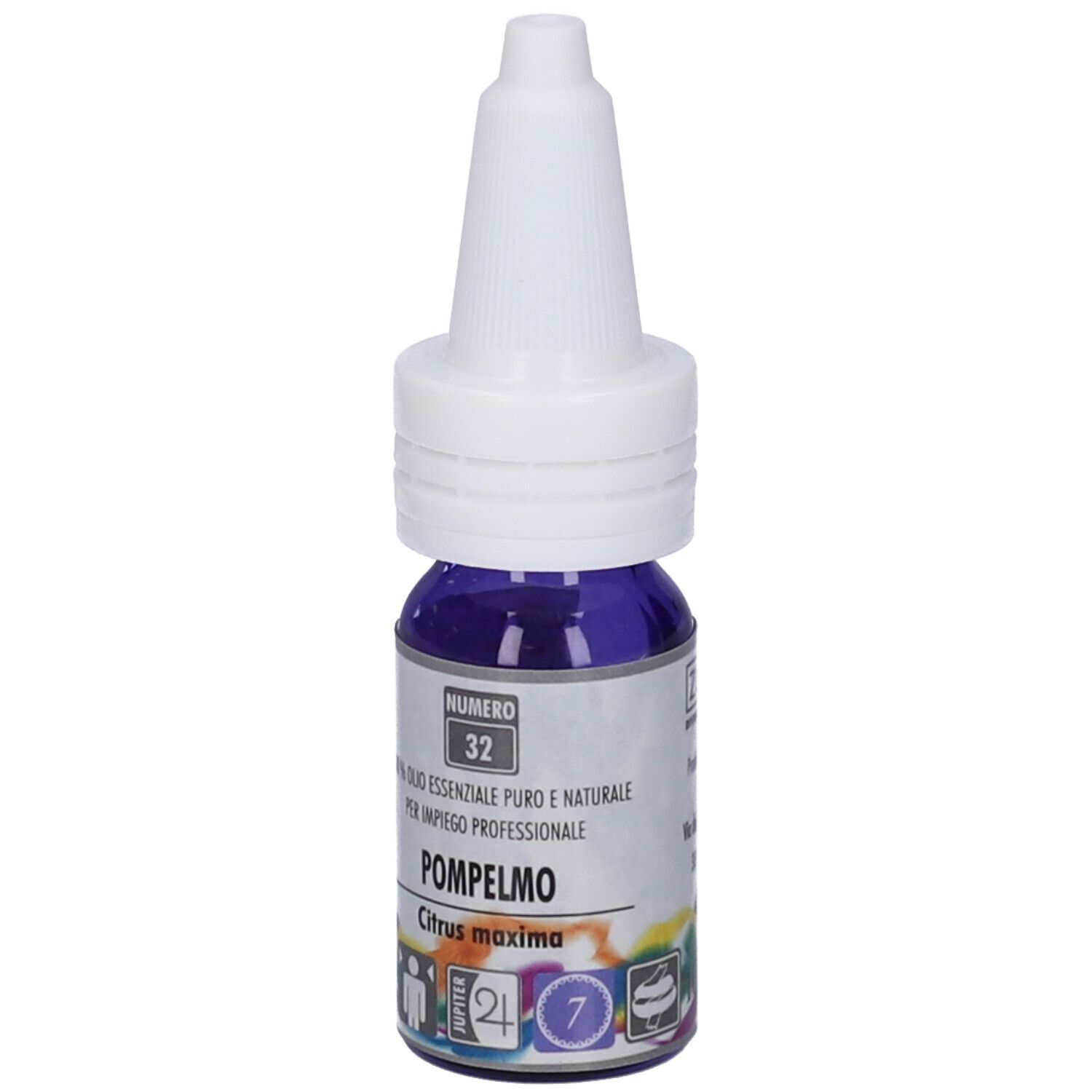 Flacone con tappo bianco e liquido viola. Scritta: Pompelmo, Citrus maxima. Numero 32.