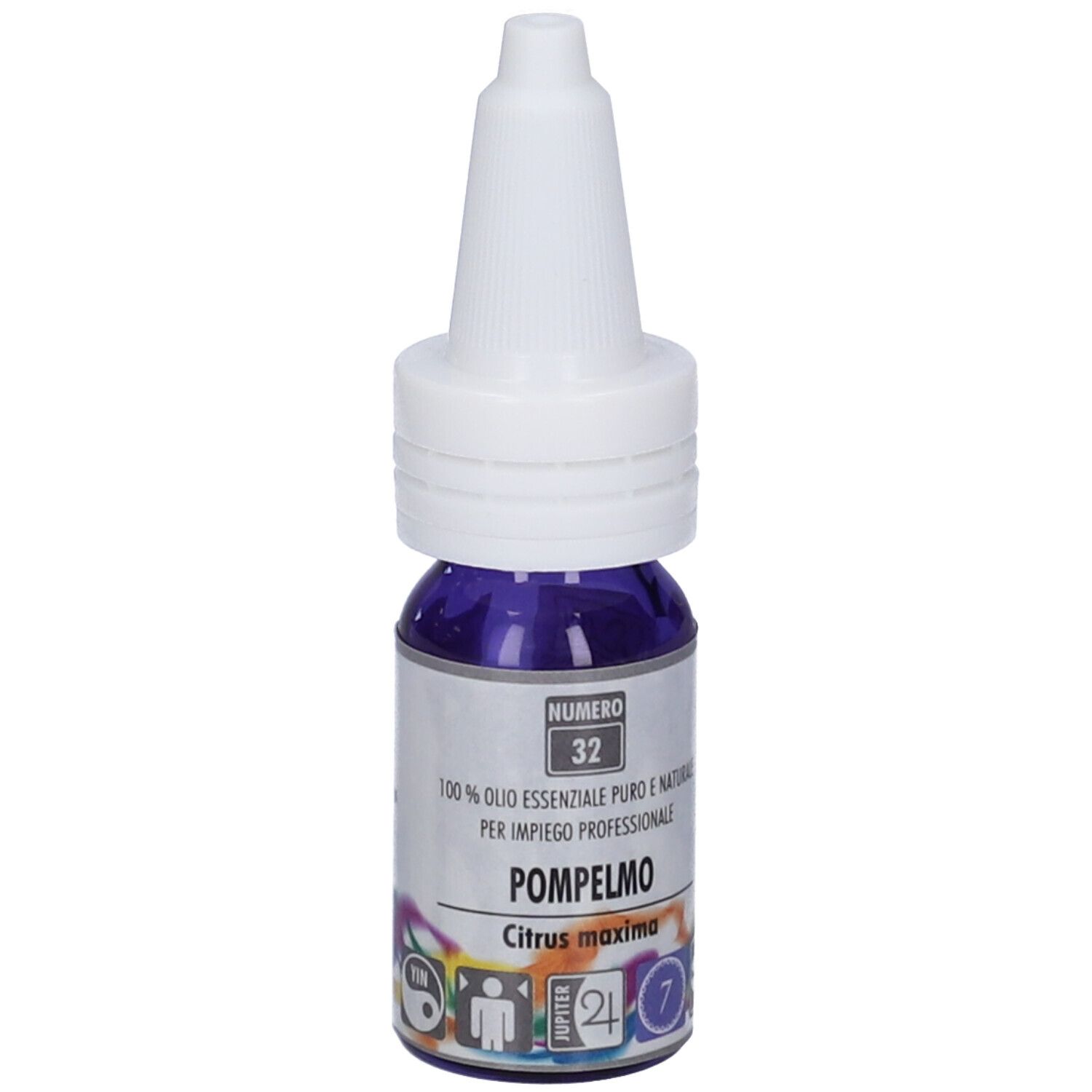 Flacone con tappo bianco e liquido viola. Scritta: Pompelmo, Citrus maxima. Numero 32.