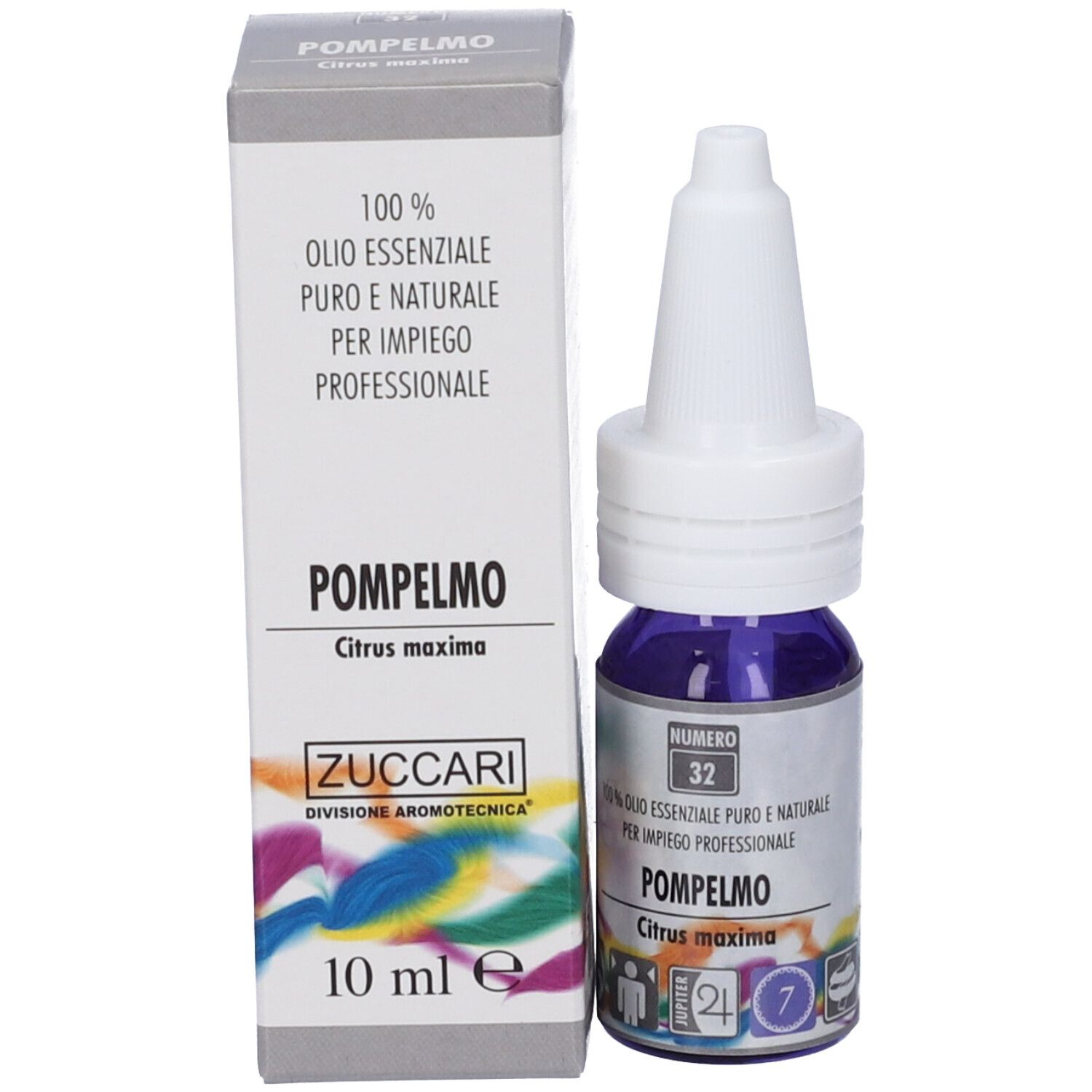Flacone e scatola. Flacone con tappo bianco e liquido viola. Scritta: Pompelmo, Zuccari. Scatola: 10 ml.