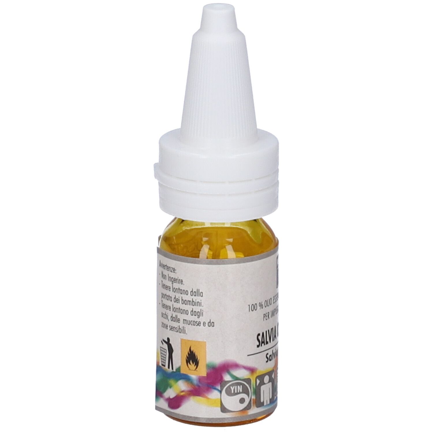 Flacone con liquido giallo e tappo bianco. Etichetta con avvertenze e scritta: Salvia Officinalis.