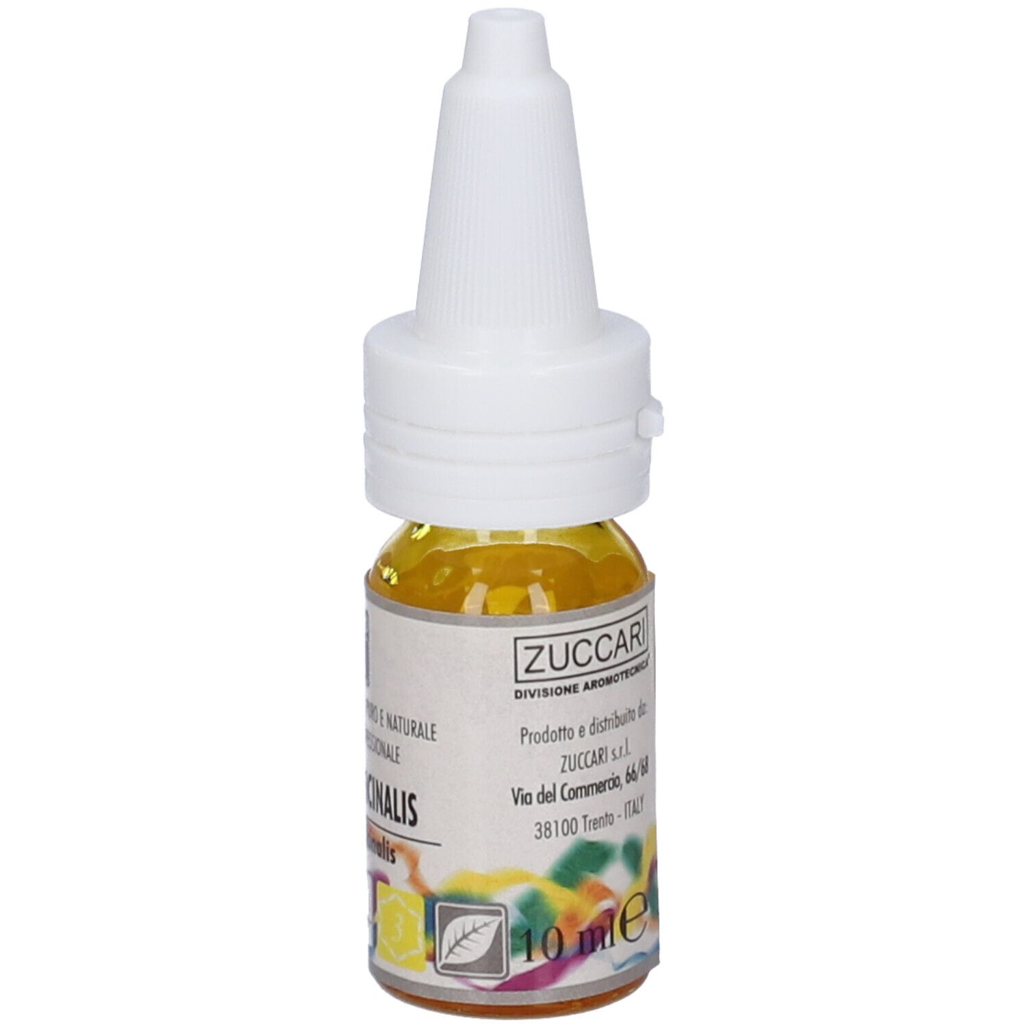 Flacone con liquido giallo e tappo bianco. Scritta: Zuccari. Etichetta con 10 ml.