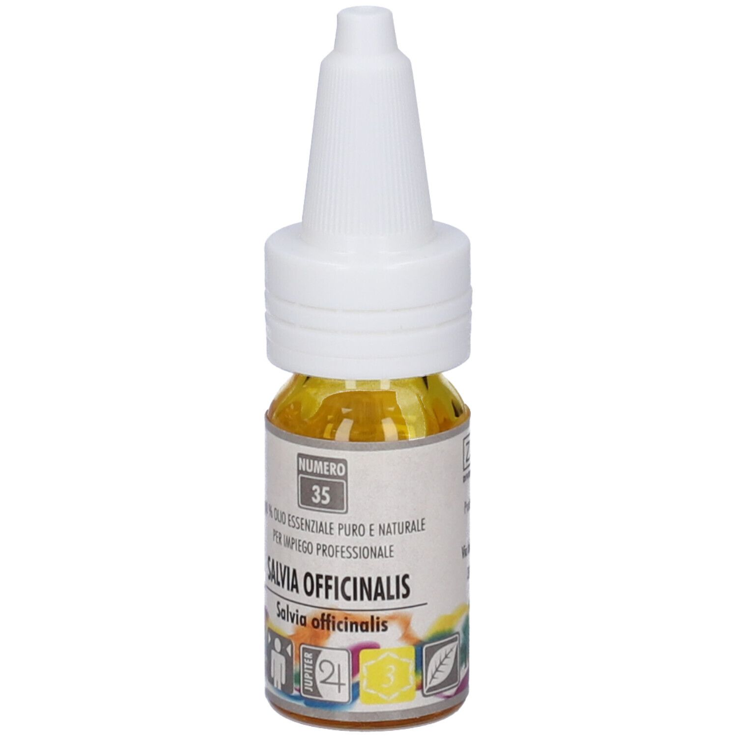 Flacone con liquido giallo e tappo bianco. Scritta: Salvia Officinalis. Etichetta con numero 35.