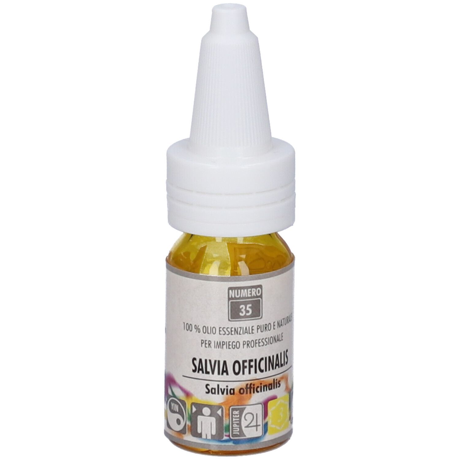 Flacone con liquido giallo e tappo bianco. Scritta: Salvia Officinalis. Etichetta con numero 35.
