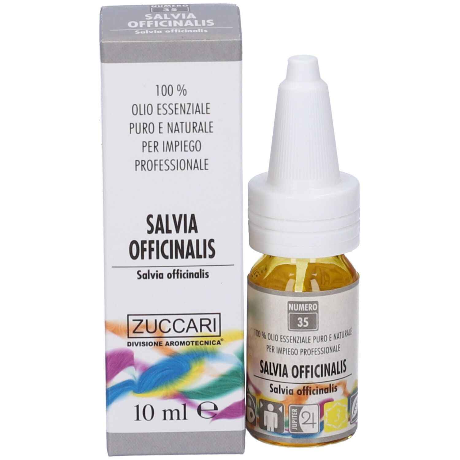 Flacone e scatola. Flacone con liquido giallo e tappo bianco. Scritta: Salvia Officinalis. Scatola: Zuccari.