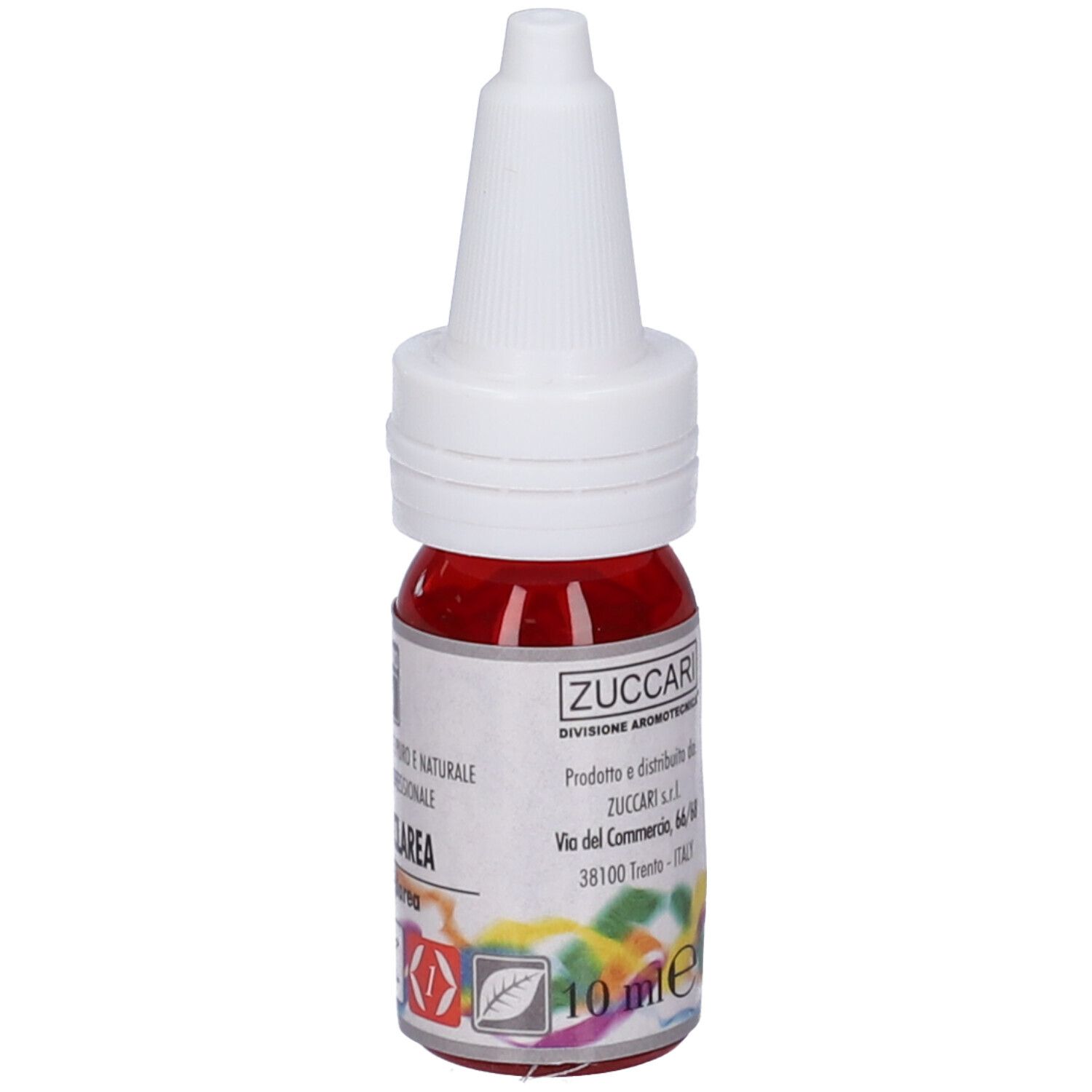 Liquido rosso in bottiglia di vetro con tappo bianco. Scritta: Zuccari, Salvia Sclarea, 10 ml.