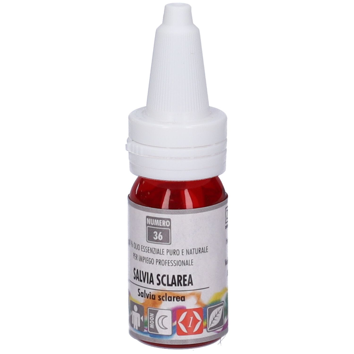 Liquido rosso in bottiglia di vetro con tappo bianco. Scritta: Salvia Sclarea, Numero 36.