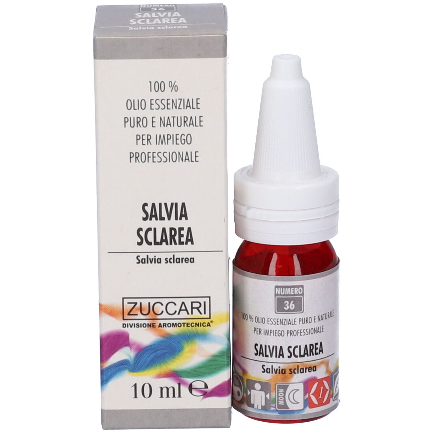 Bottiglia di vetro con liquido rosso e tappo bianco, accanto a una scatola. Scritta: Zuccari, Salvia Sclarea, 10 ml.