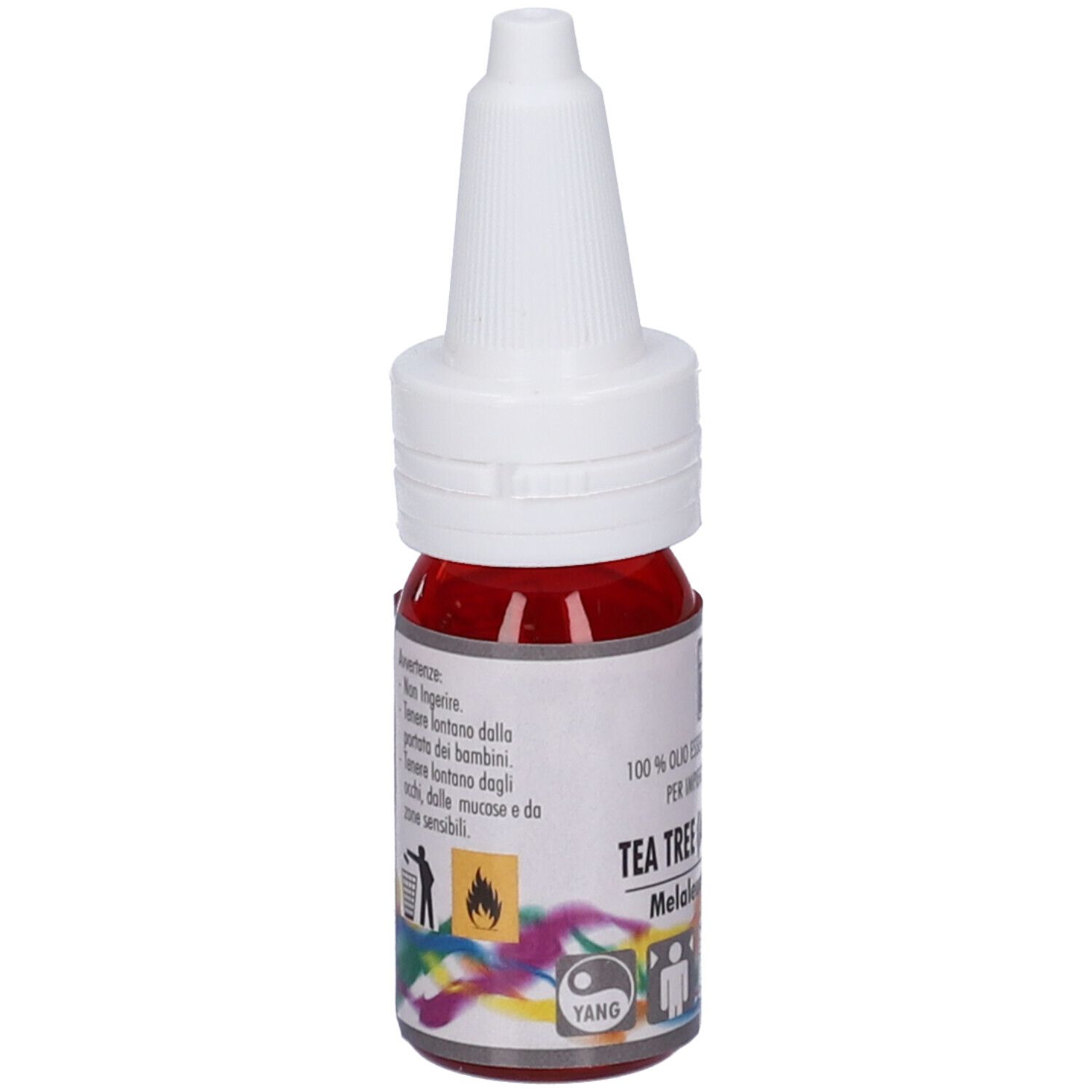 Flacone con liquido rosso e tappo bianco. Scritto: Tea Tree (Albero del thé).