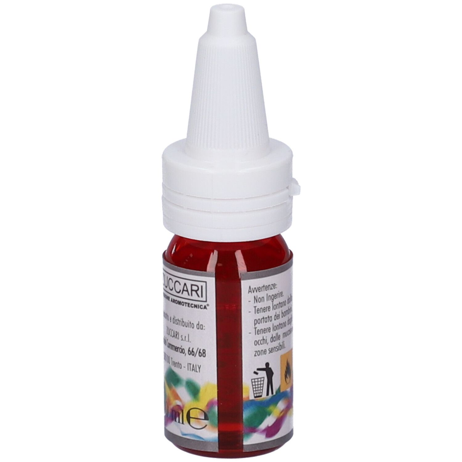 Flacone con liquido rosso e tappo bianco. Scritto: Tea Tree (Albero del thé).