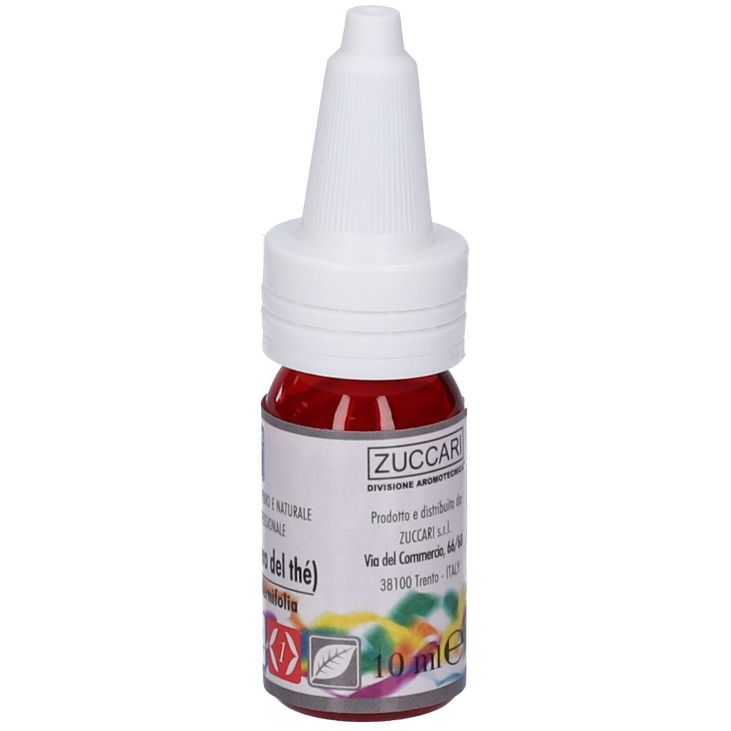 Flacone con liquido rosso e tappo bianco. Scritto: Tea Tree (Albero del thé).