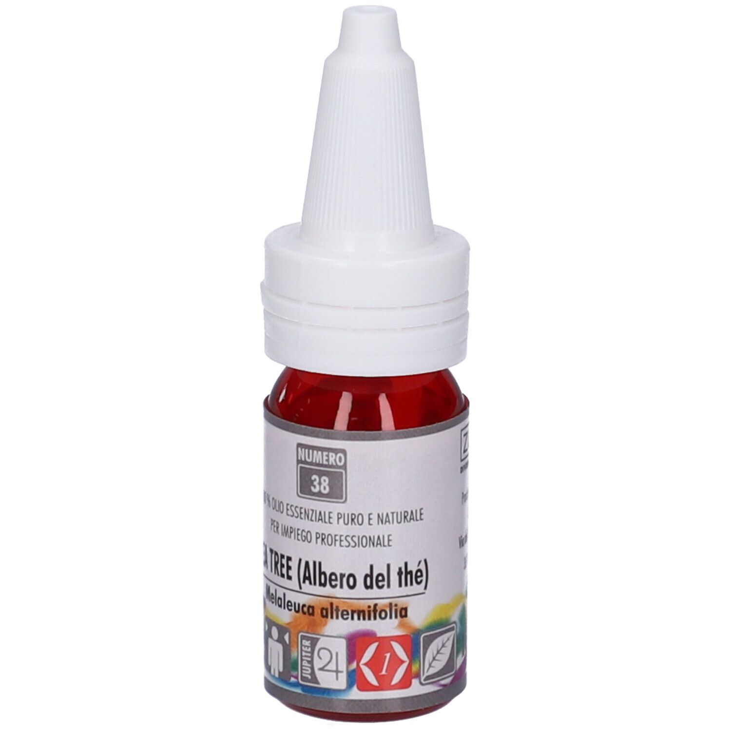 Flacone con liquido rosso e tappo bianco. Scritto: Tea Tree (Albero del thé).