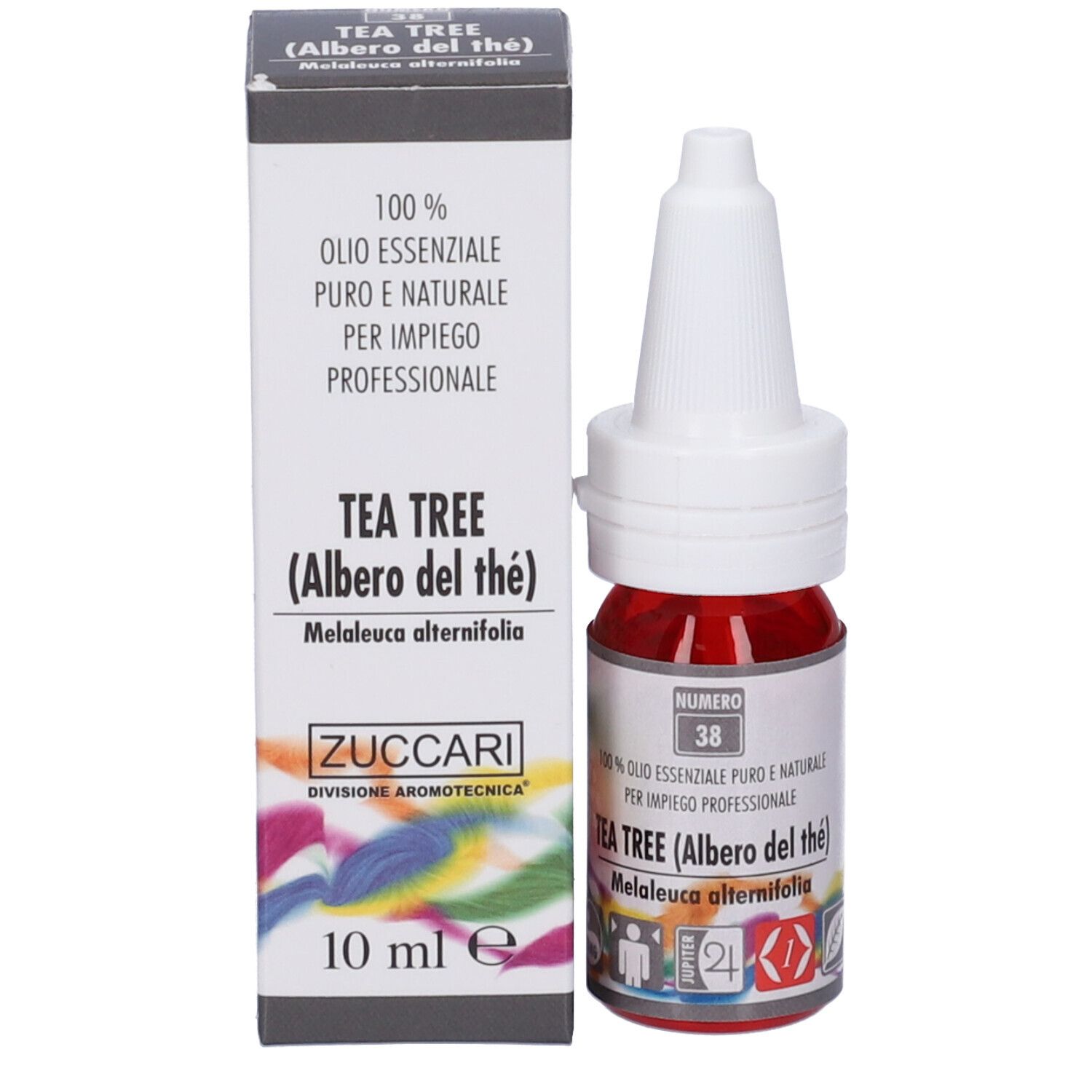 Scatola e flacone. Scritto: Tea Tree (Albero del thé), 10 ml. Flacone con liquido rosso e tappo bianco.