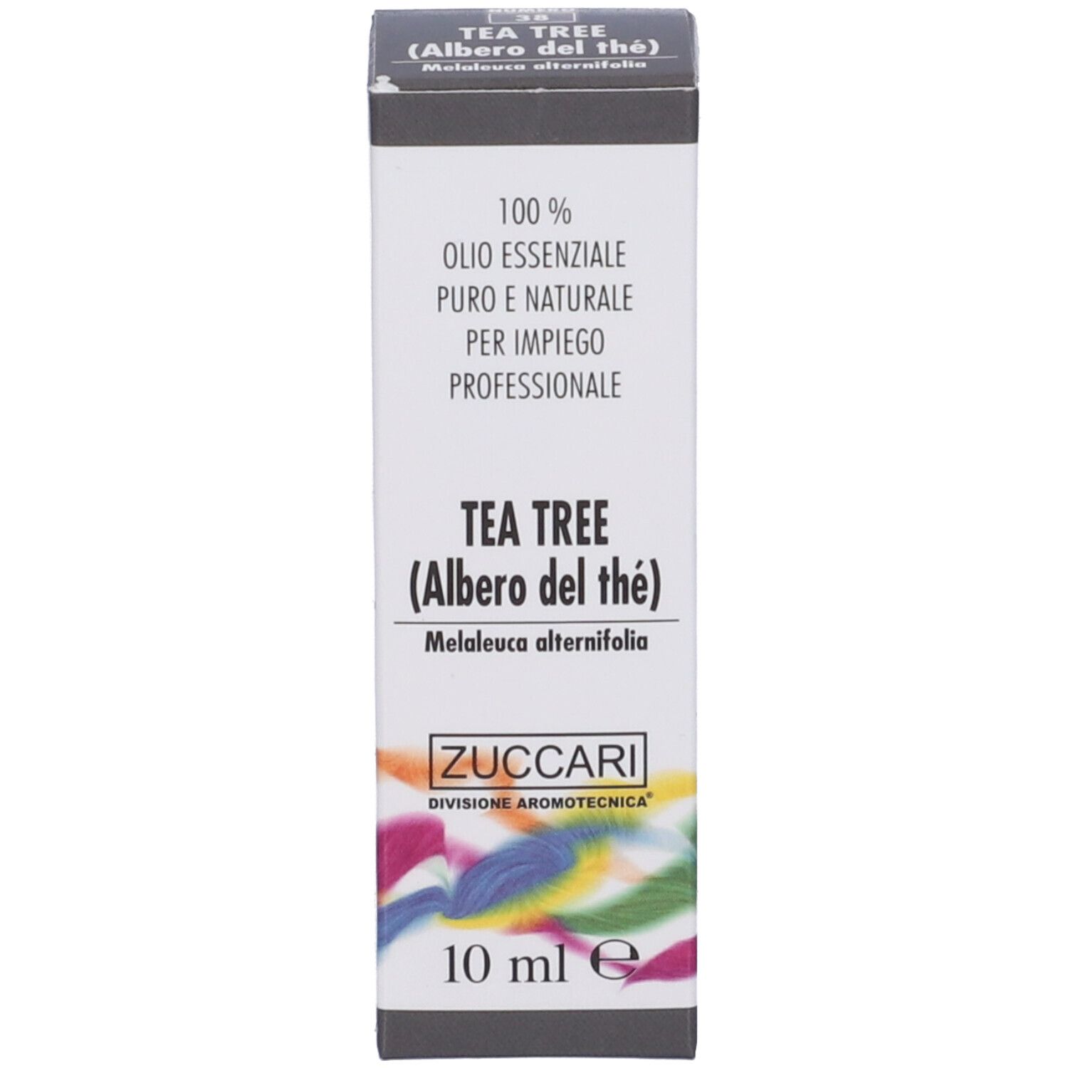 Scatola. Scritto: Tea Tree (Albero del thé), 10 ml. Logo Zuccari.