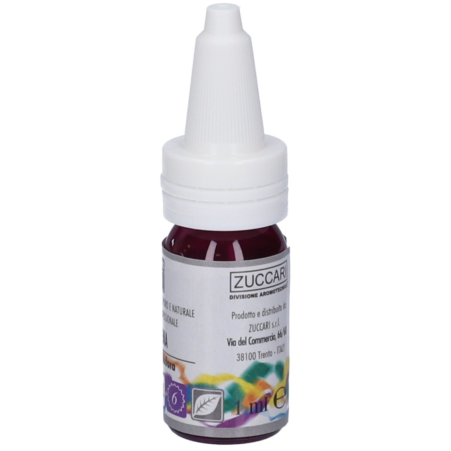 Flacone con tappo bianco. Etichetta con testo: Zuccari, Verbena. Liquido rosso.