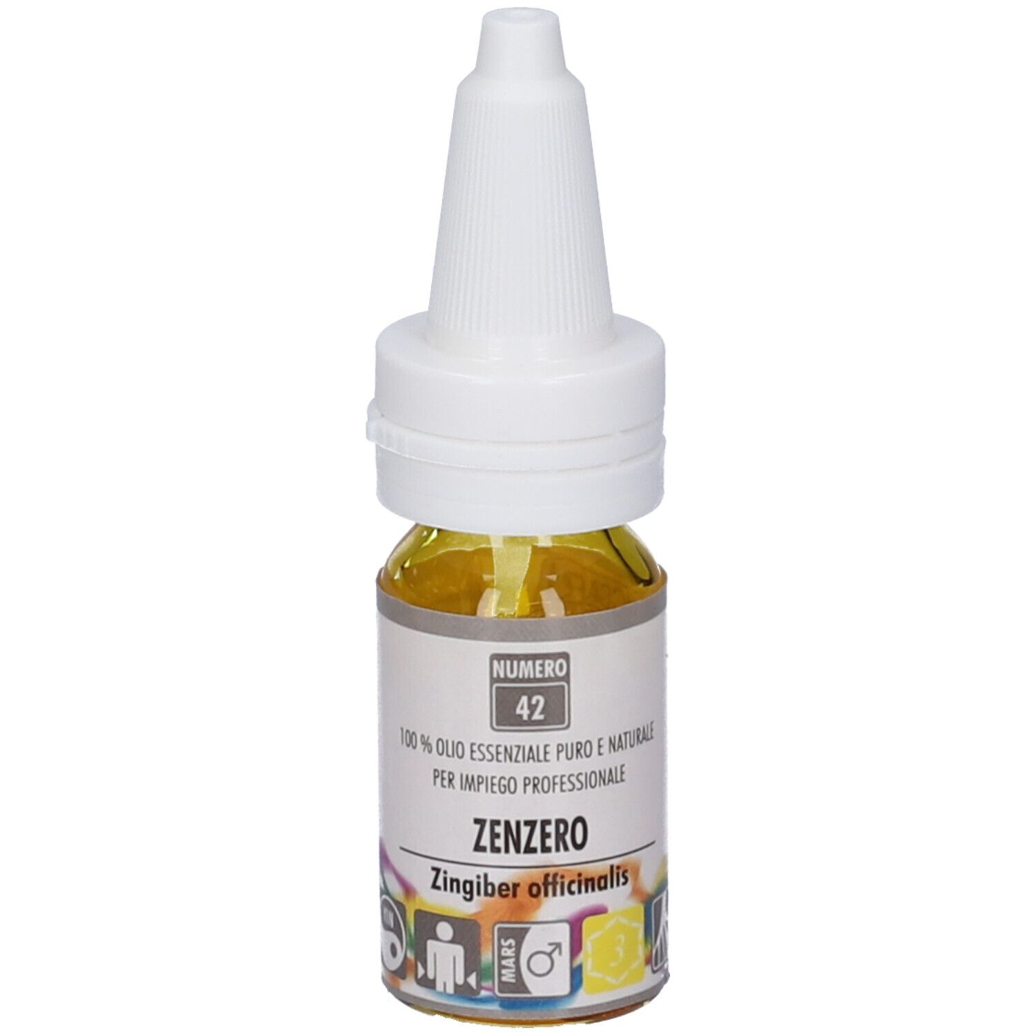 Zuccari Olio Essenziale Zenzero. Flacone con liquido giallo. Tappo bianco. Testo sull'etichetta. Numero 42.