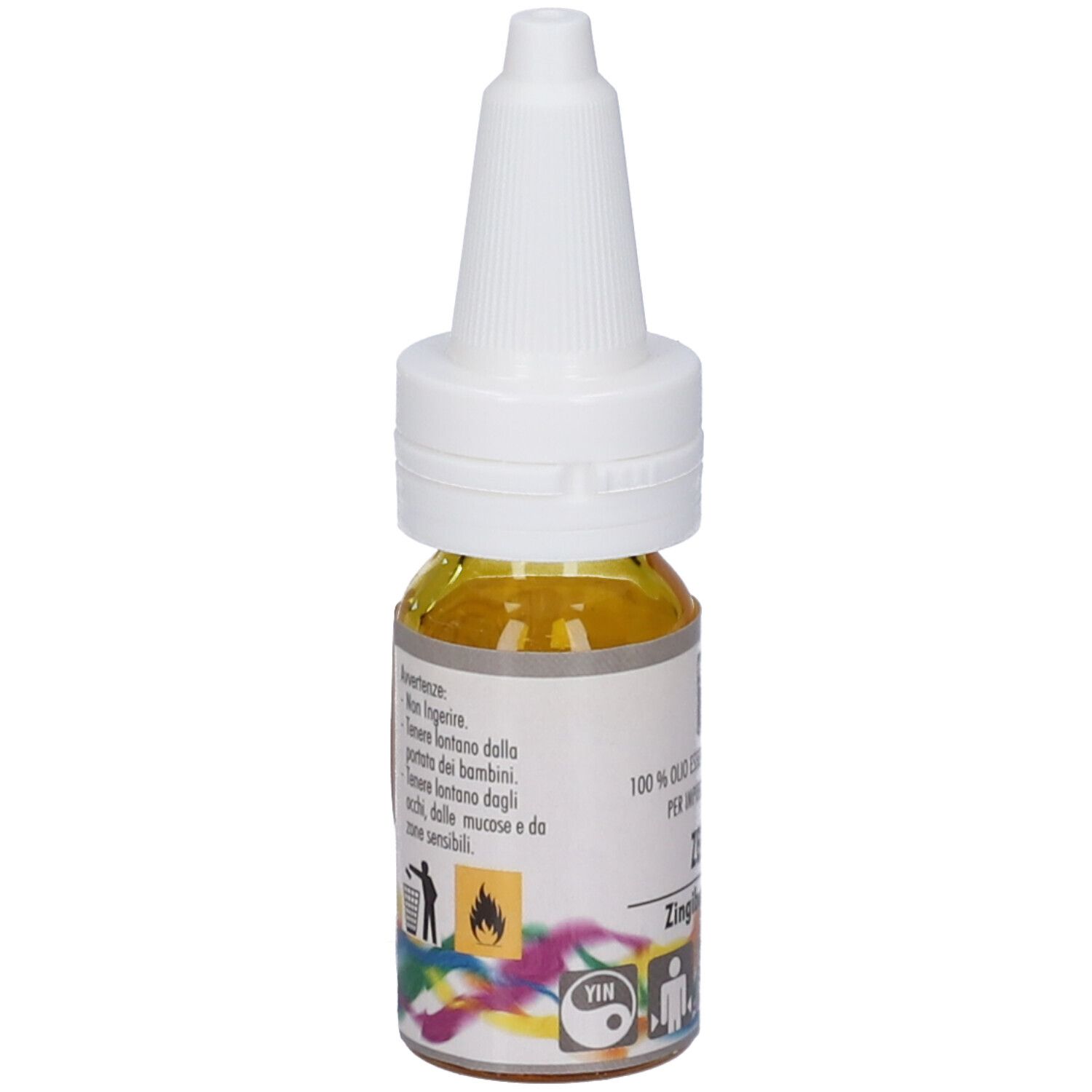 Zuccari Olio Essenziale Zenzero. Flacone con liquido giallo. Tappo bianco. Testo sull'etichetta. Avvertenze.