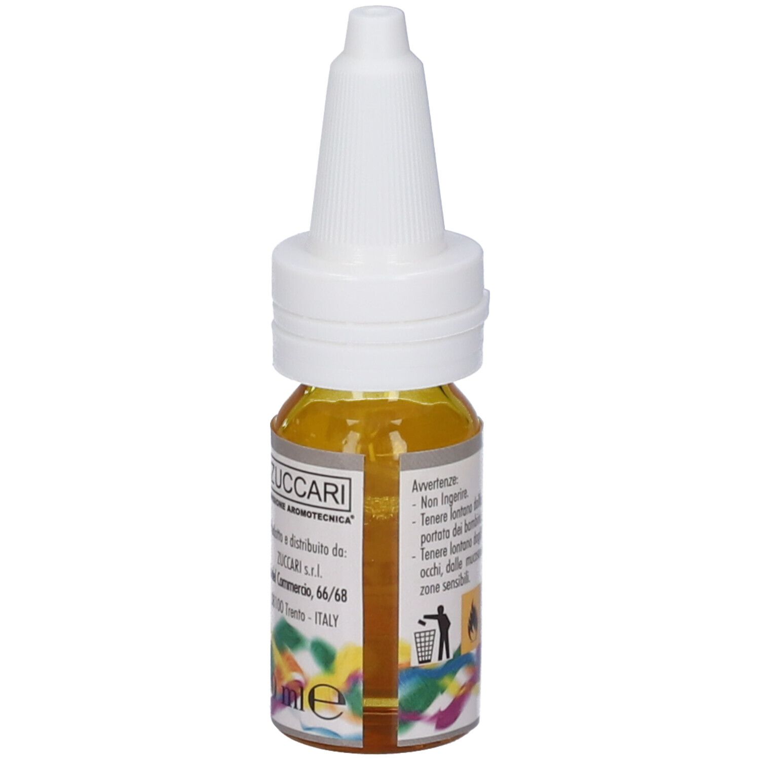 Zuccari Olio Essenziale Zenzero. Flacone con liquido giallo. Tappo bianco. Testo sull'etichetta. Indirizzo aziendale.