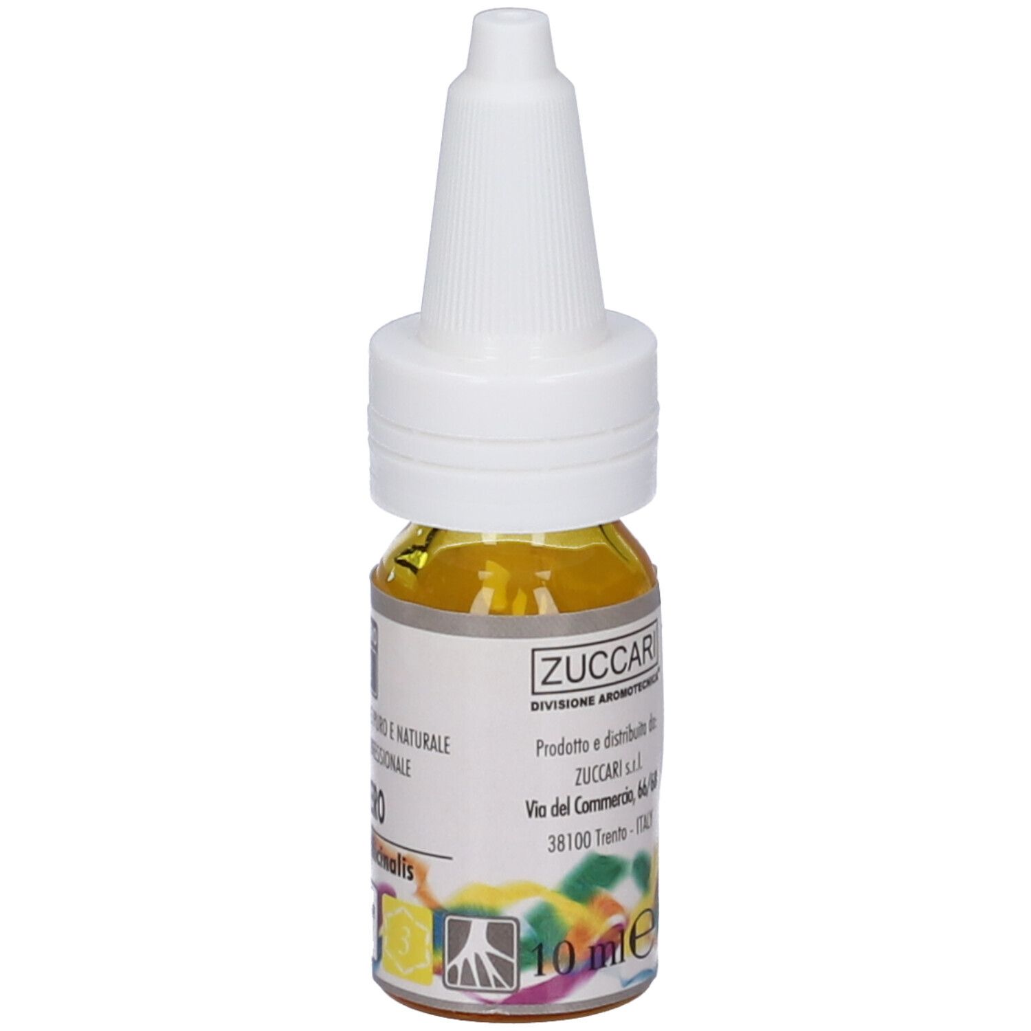 Zuccari Olio Essenziale Zenzero. Flacone con liquido giallo. Tappo bianco. Testo sull'etichetta. 10 ml.