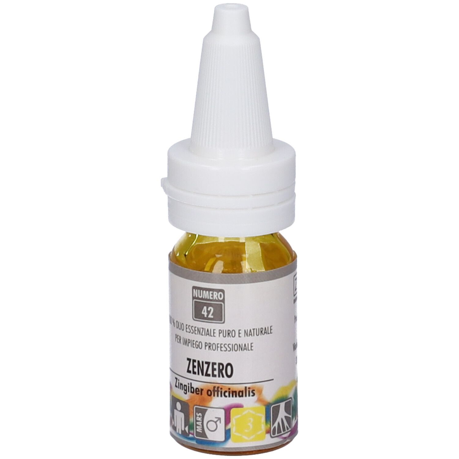 Zuccari Olio Essenziale Zenzero. Flacone con liquido giallo. Tappo bianco. Testo sull'etichetta. Numero 42.