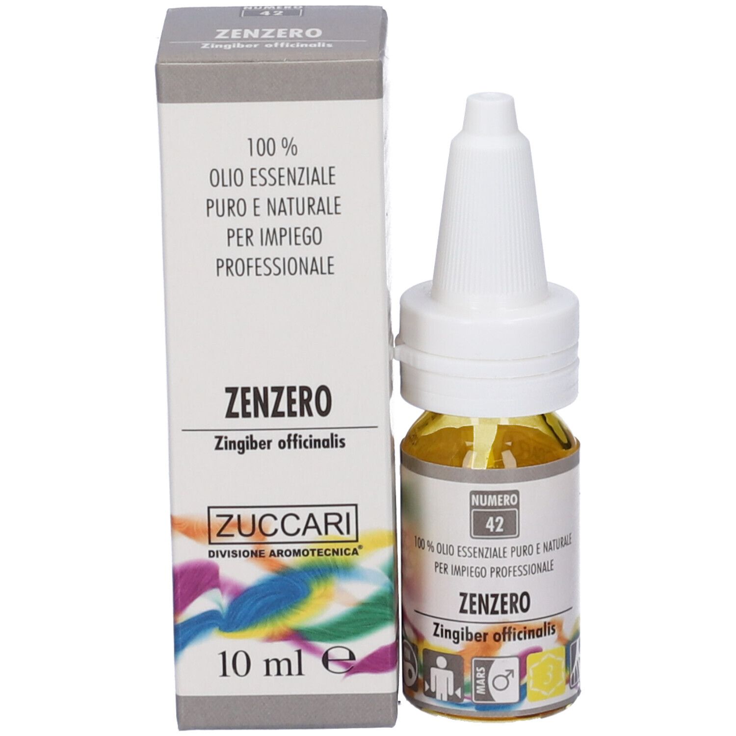 Zuccari Olio Essenziale Zenzero. Flacone e confezione. Flacone bianco con liquido giallo. Scatola con testo. 10 ml.