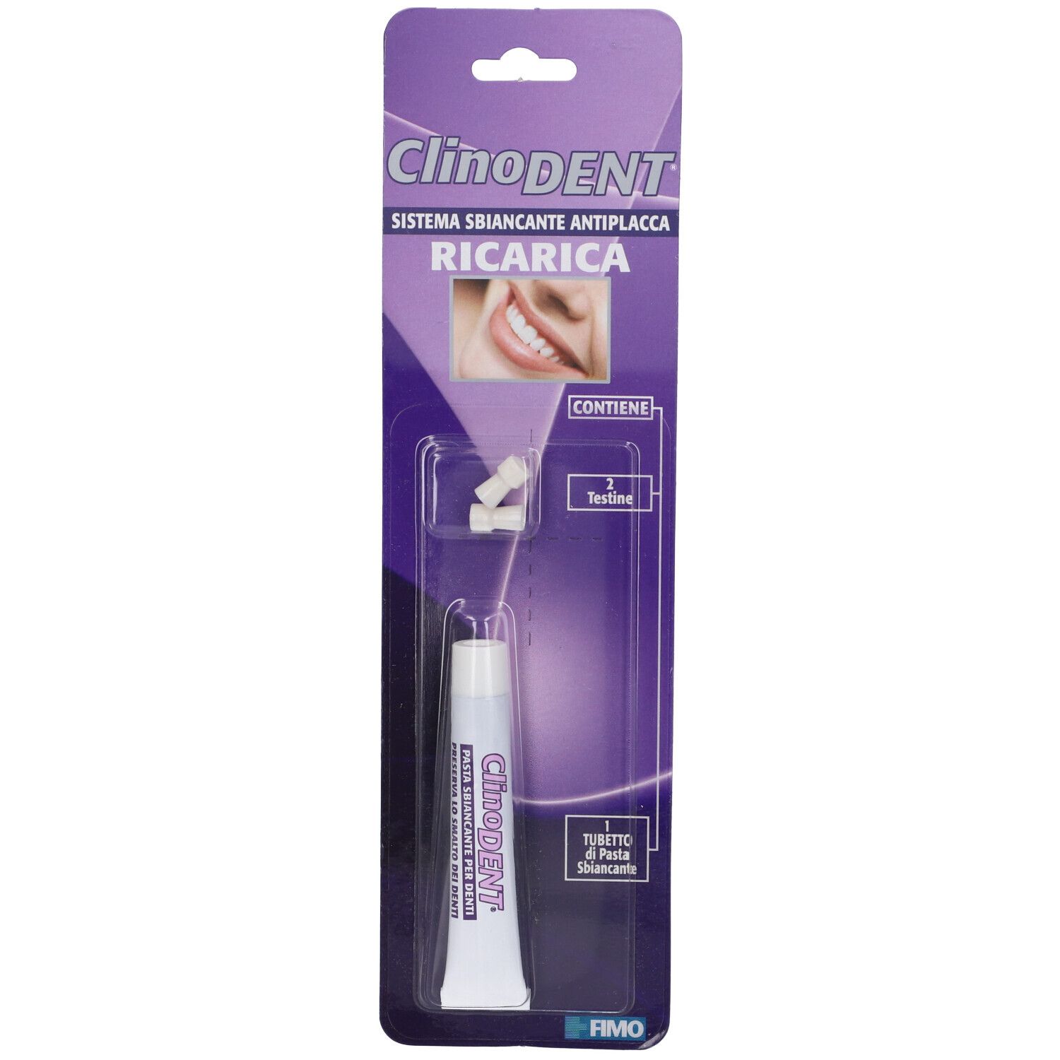 Clinodent sistema sbiancante, confezione con tubo e testine. Contiene un tubetto di dentifricio.