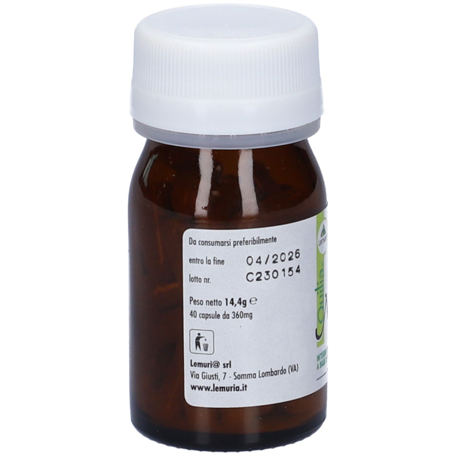 Flacone di vetro marrone con tappo bianco. Etichetta con data di scadenza e informazioni del produttore. "Quilia Notte Capsule".