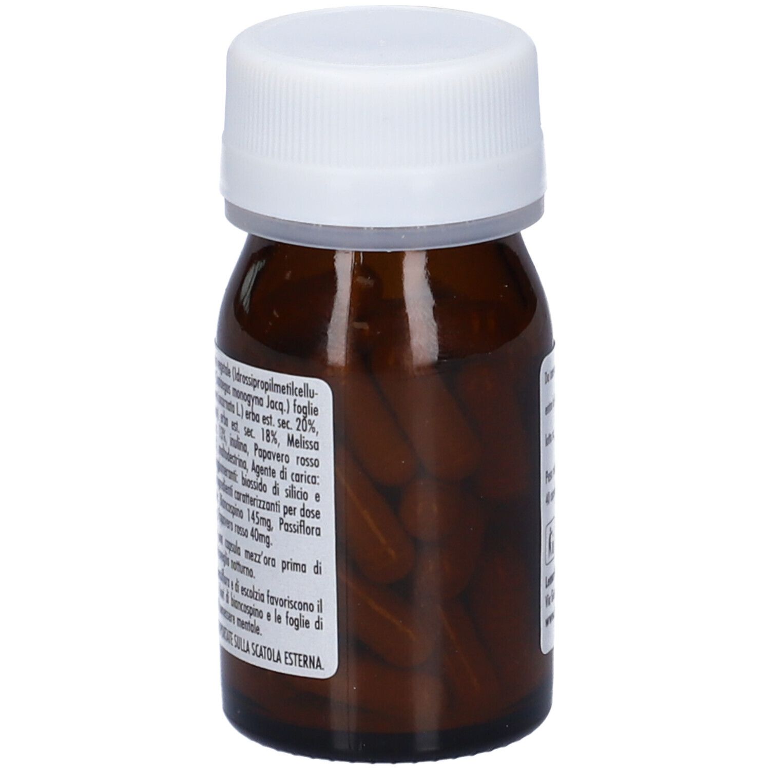 Flacone di vetro marrone con tappo bianco. Capsule marroni visibili. "Quilia Notte Capsule".