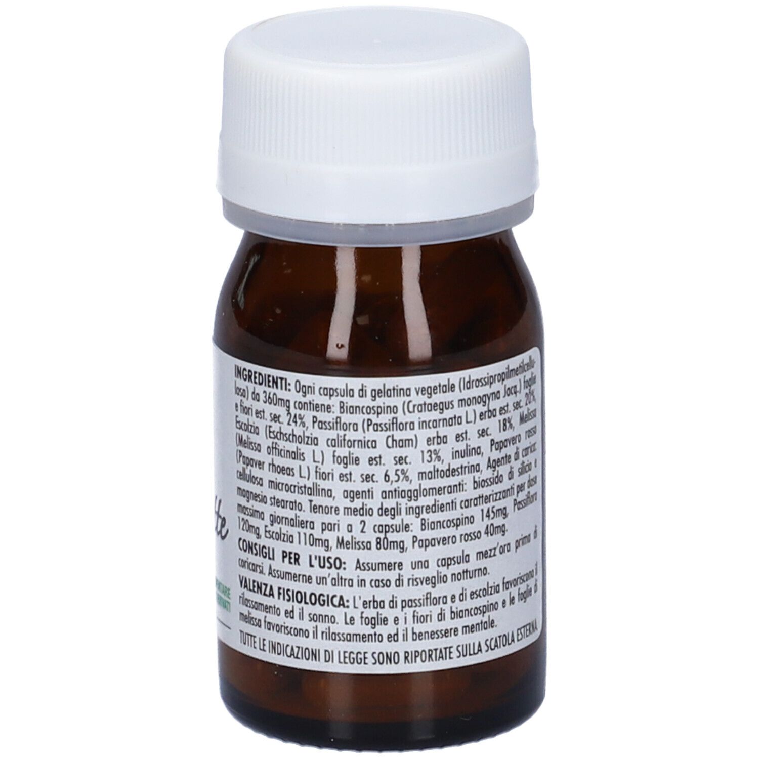 Flacone di vetro marrone con tappo bianco. Etichetta con ingredienti e istruzioni per l'uso. "Quilia Notte Capsule".