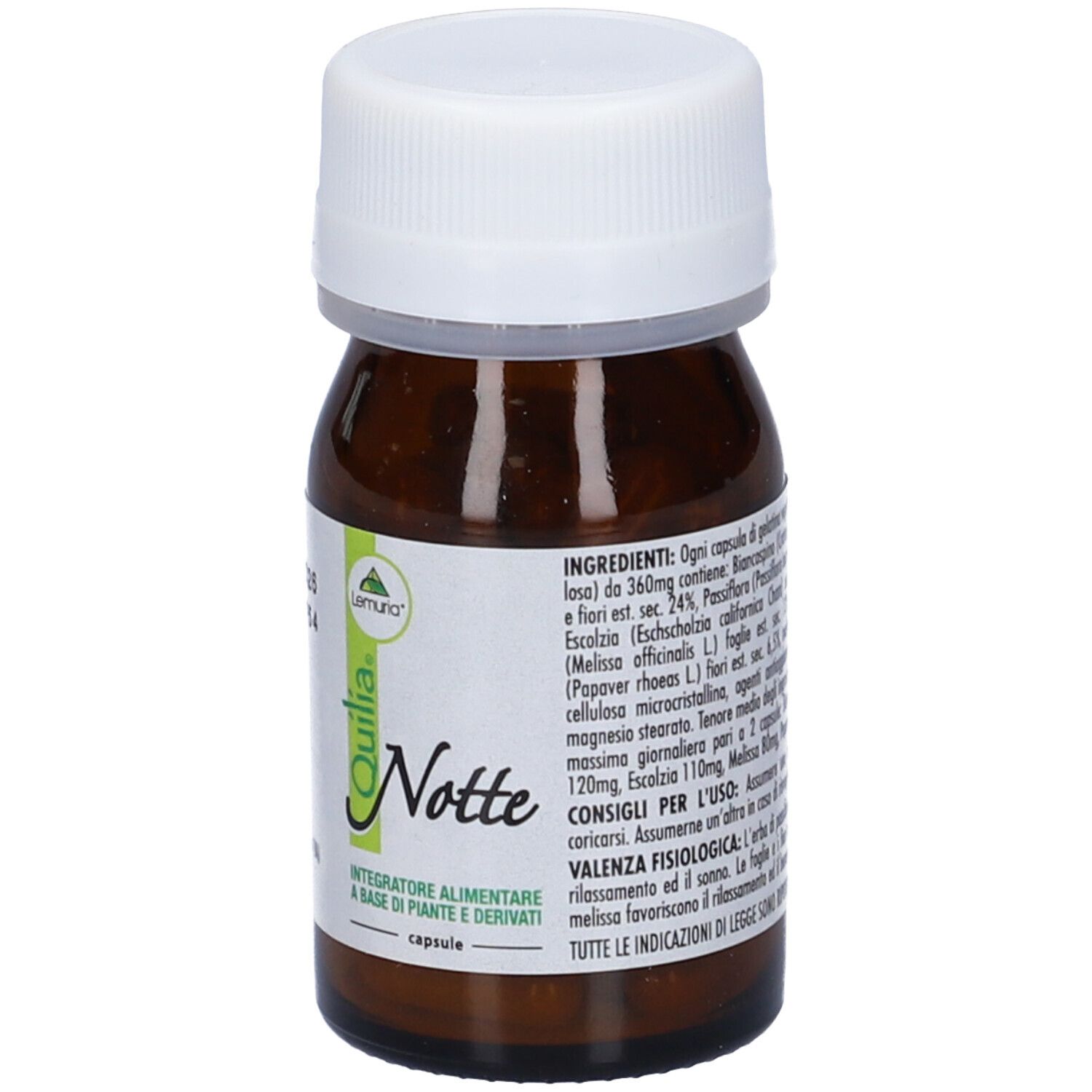 Flacone di vetro marrone con tappo bianco. Etichetta con nome del prodotto e ingredienti. "Quilia Notte Capsule".