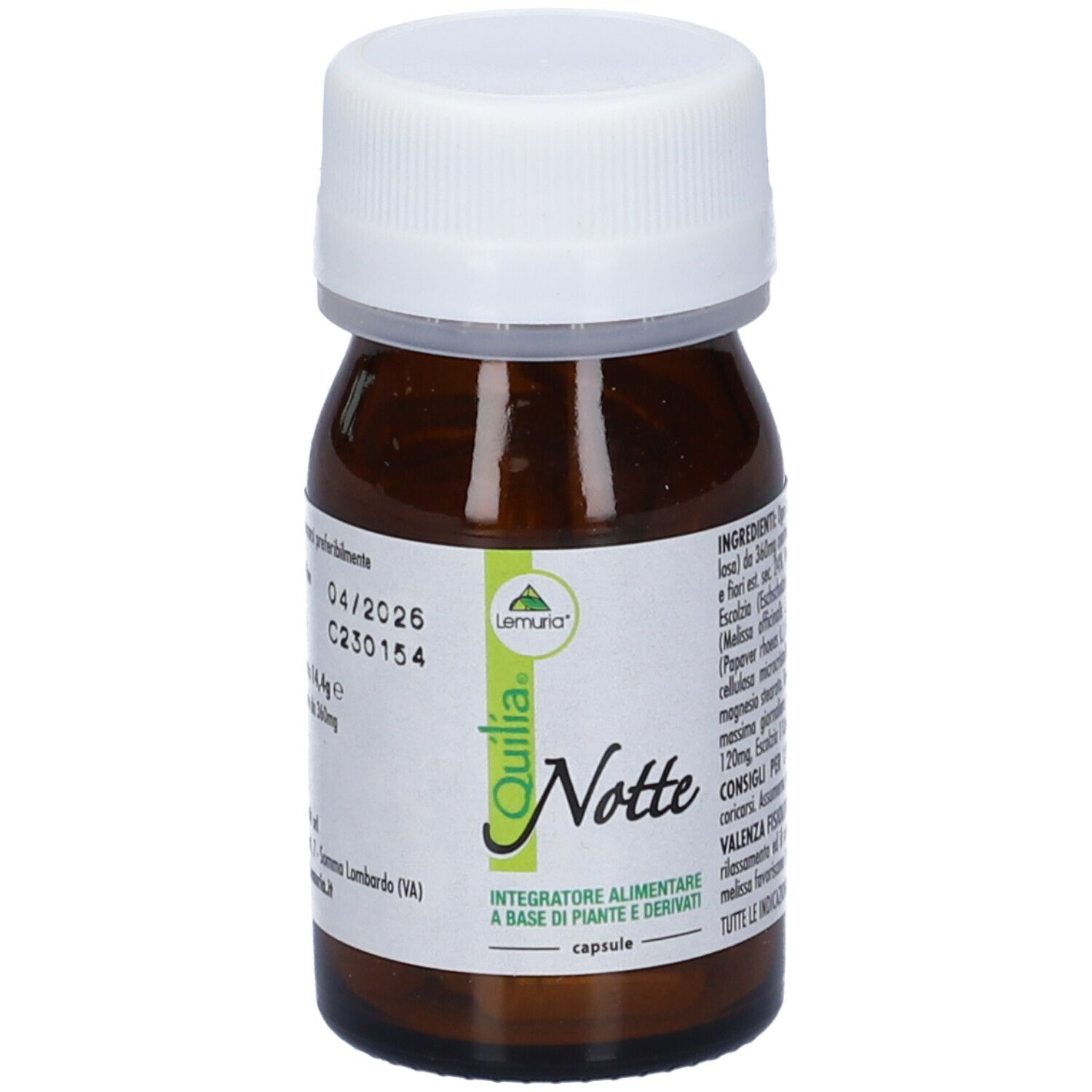 Flacone di vetro marrone con tappo bianco. Etichetta con data di scadenza e informazioni del produttore. "Quilia Notte Capsule".