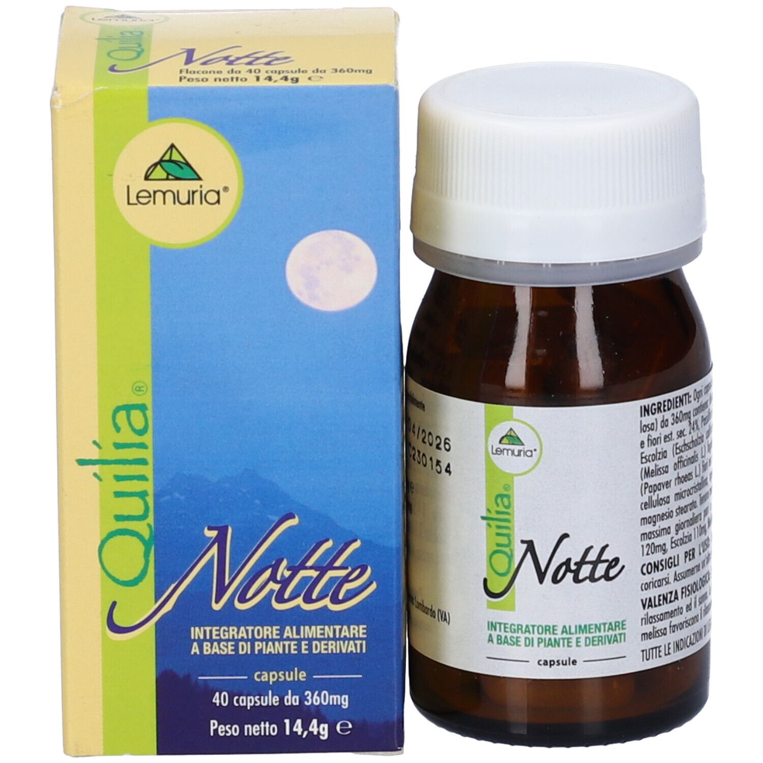 Flacone e scatola del prodotto. Scatola con nome del prodotto e illustrazione della luna. "Quilia Notte Capsule".