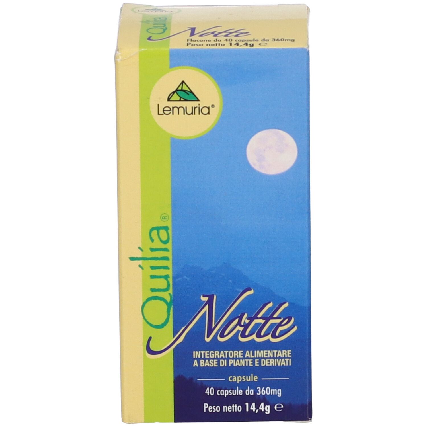 Confezione del prodotto. Scatola con nome del prodotto e illustrazione della luna. "Quilia Notte Capsule".